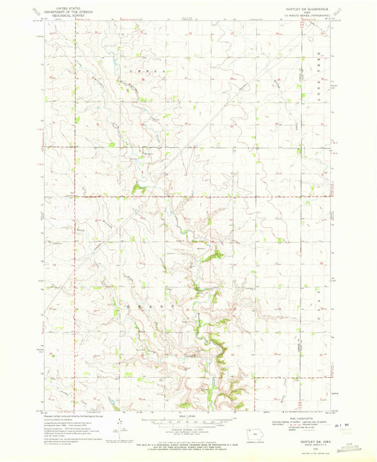 Classic USGS Hartley SW Iowa 7.5'x7.5' Topo Map Image