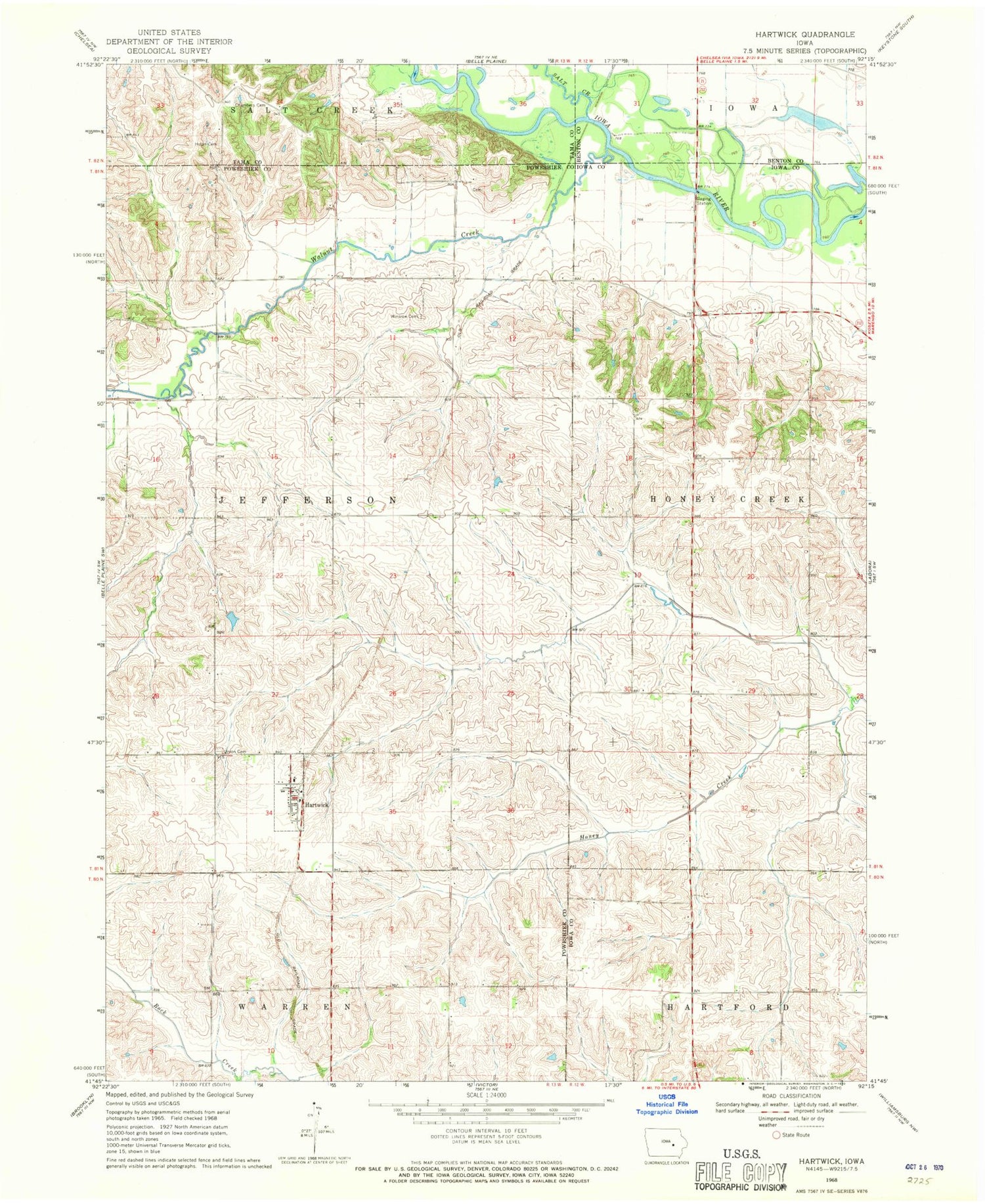 Classic USGS Hartwick Iowa 7.5'x7.5' Topo Map Image