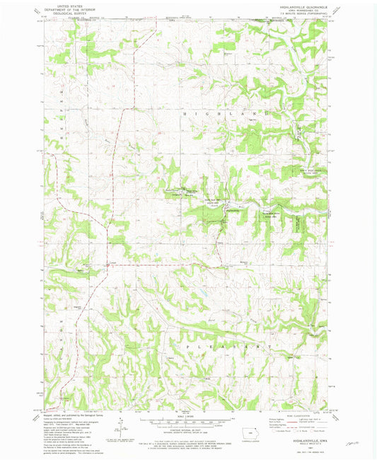 Classic USGS Highlandville Iowa 7.5'x7.5' Topo Map Image
