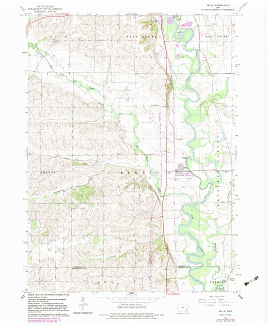 Classic USGS Hills Iowa 7.5'x7.5' Topo Map Image