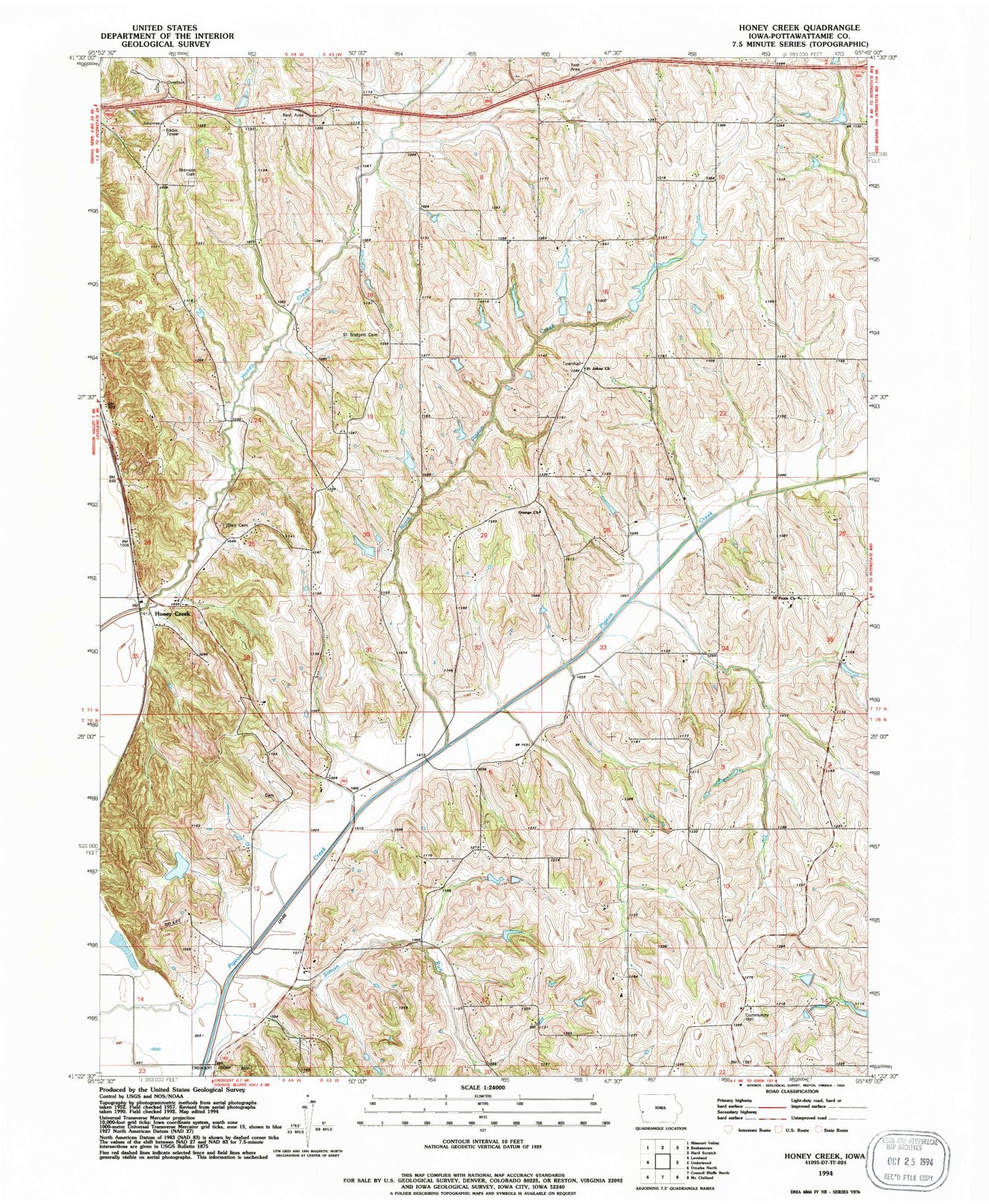 Classic USGS Honey Creek Iowa 7.5'x7.5' Topo Map Image