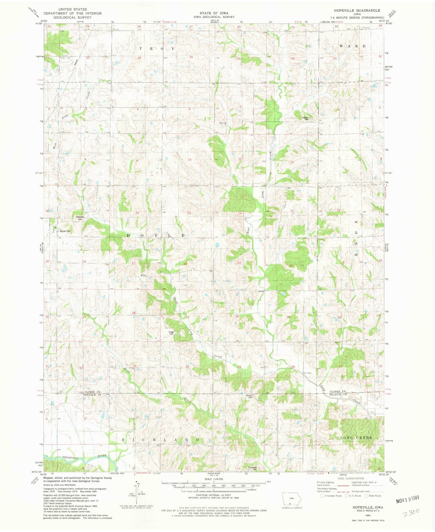Classic USGS Hopeville Iowa 7.5'x7.5' Topo Map Image