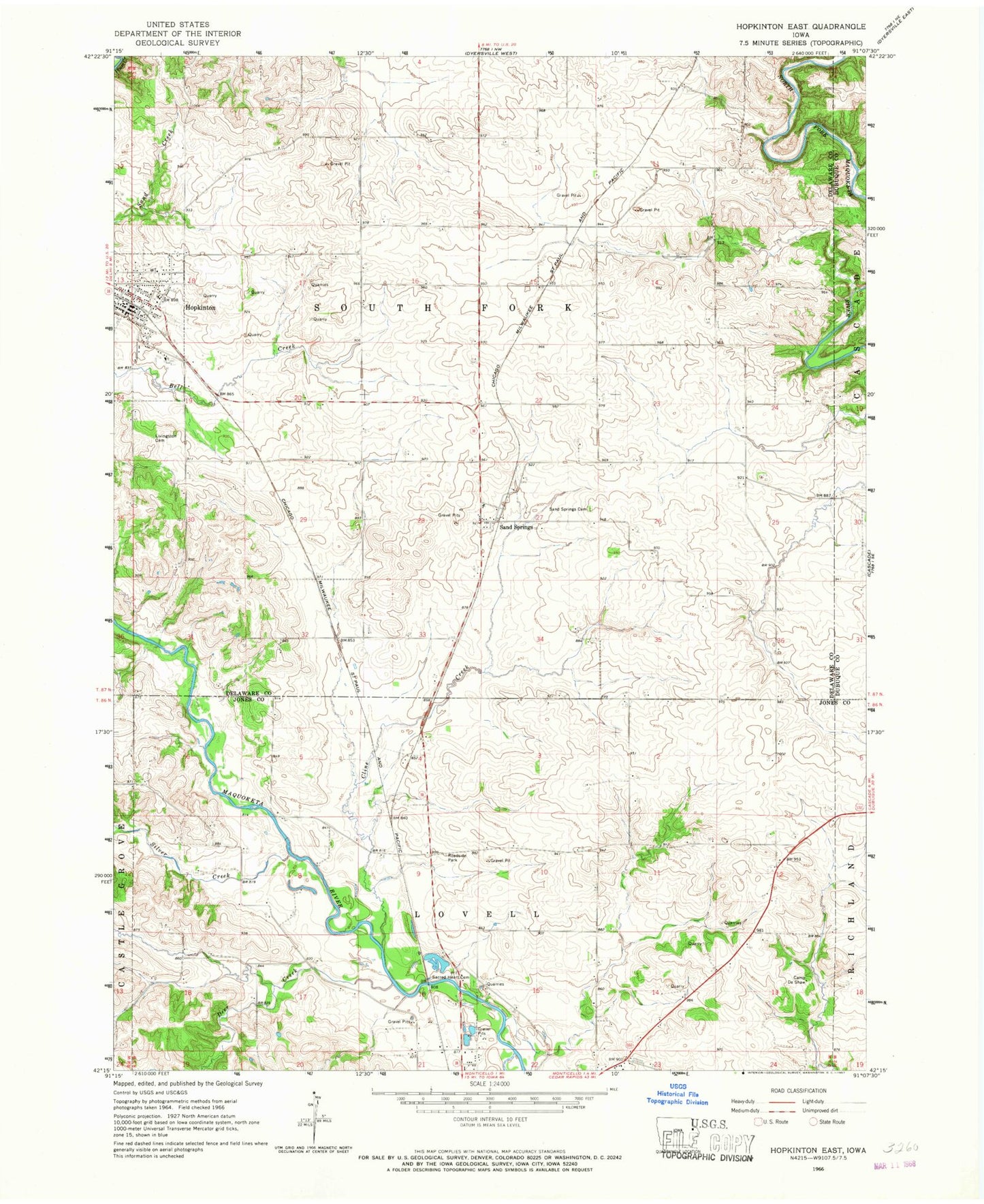 Classic USGS Hopkinton East Iowa 7.5'x7.5' Topo Map Image