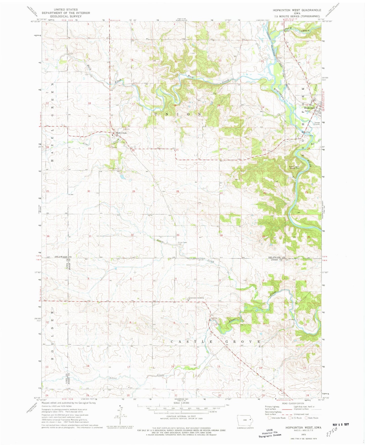 Classic USGS Hopkinton West Iowa 7.5'x7.5' Topo Map Image