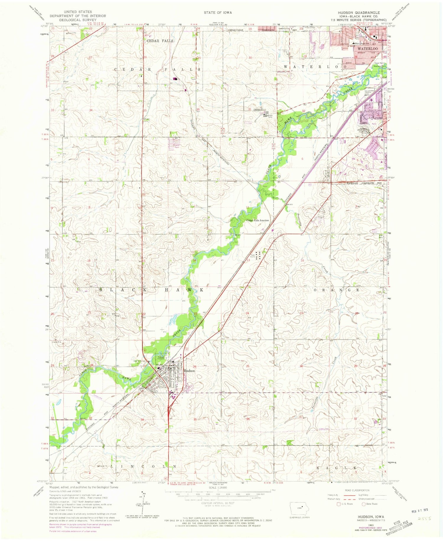 Classic USGS Hudson Iowa 7.5'x7.5' Topo Map Image