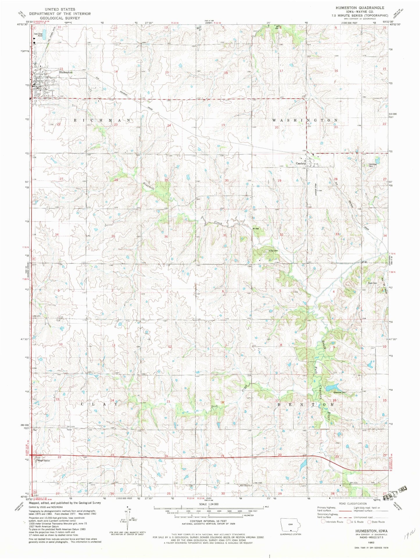 Classic USGS Humeston Iowa 7.5'x7.5' Topo Map Image