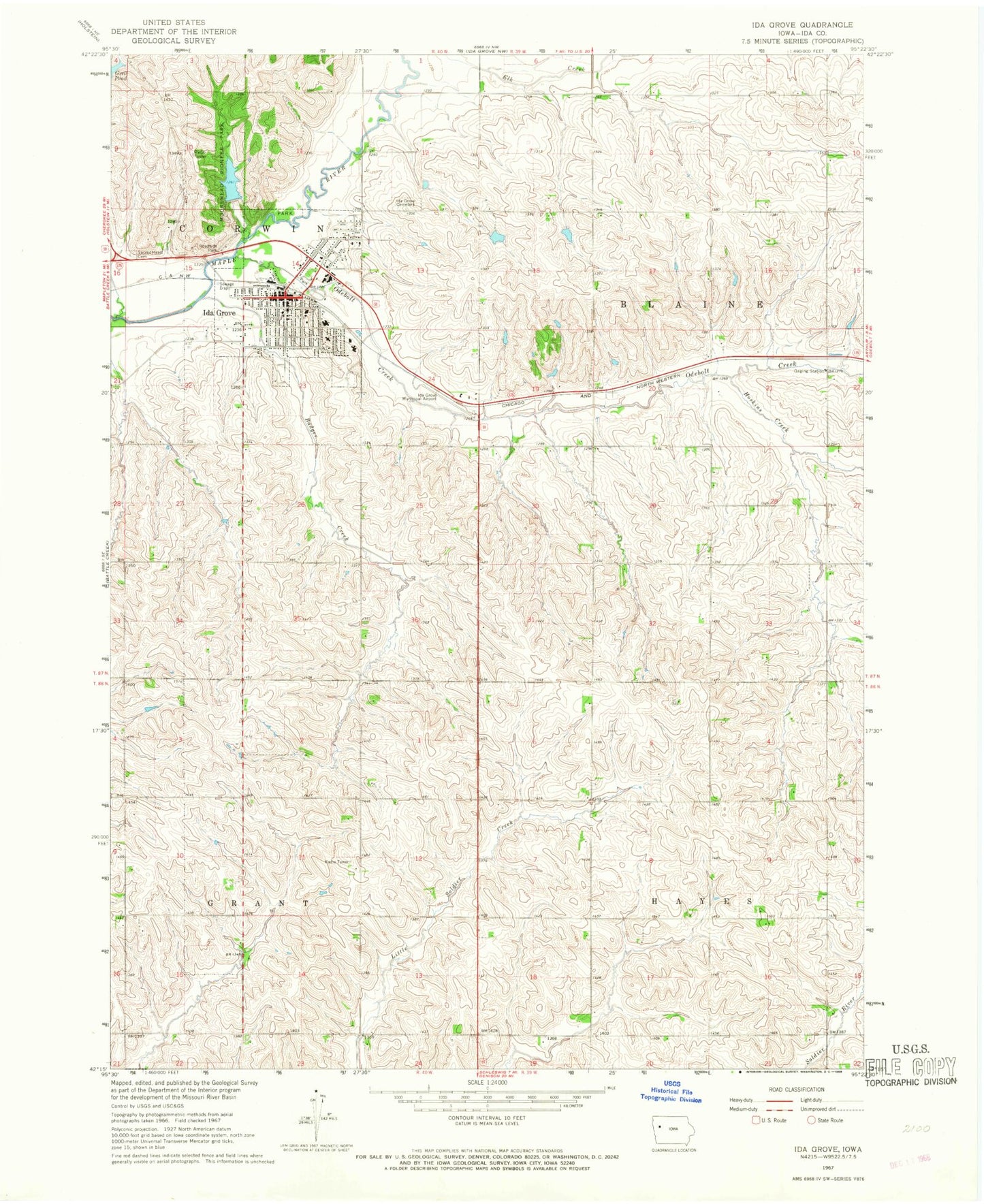 Classic USGS Ida Grove Iowa 7.5'x7.5' Topo Map Image