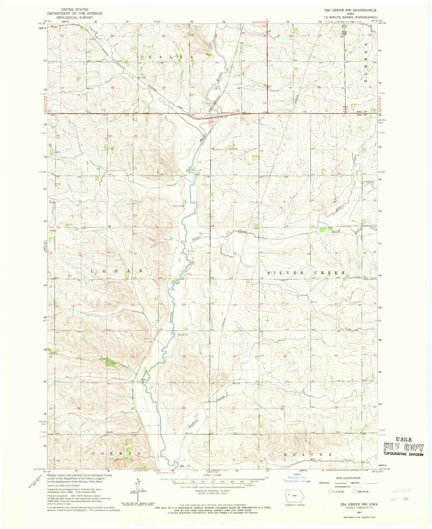 Classic USGS Ida Grove NW Iowa 7.5'x7.5' Topo Map Image