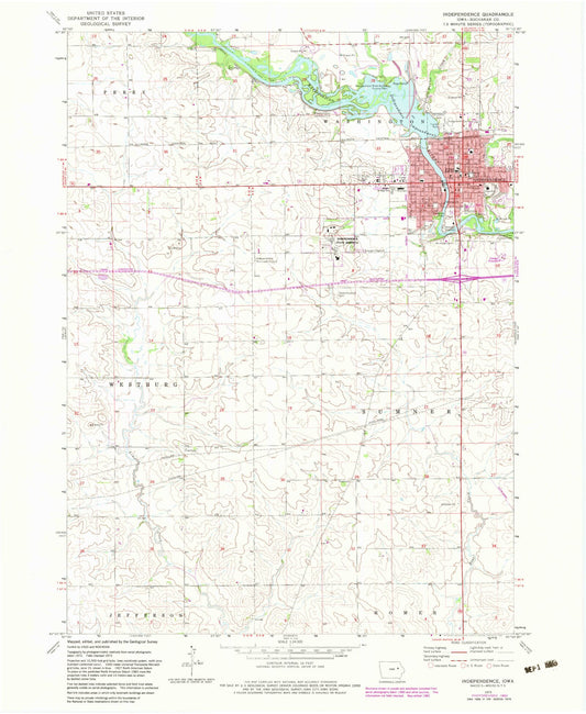 Classic USGS Independence Iowa 7.5'x7.5' Topo Map Image