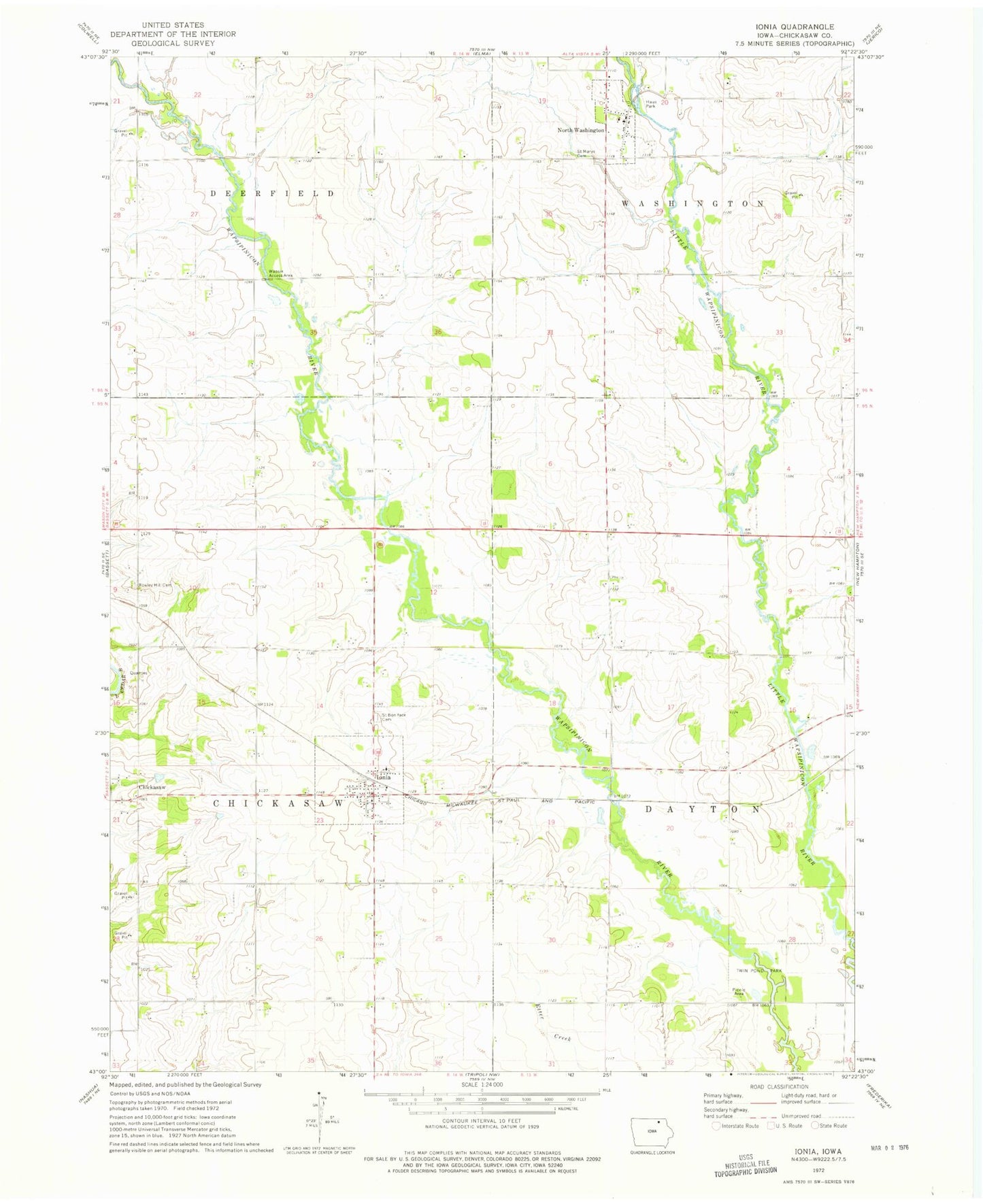 Classic USGS Ionia Iowa 7.5'x7.5' Topo Map Image