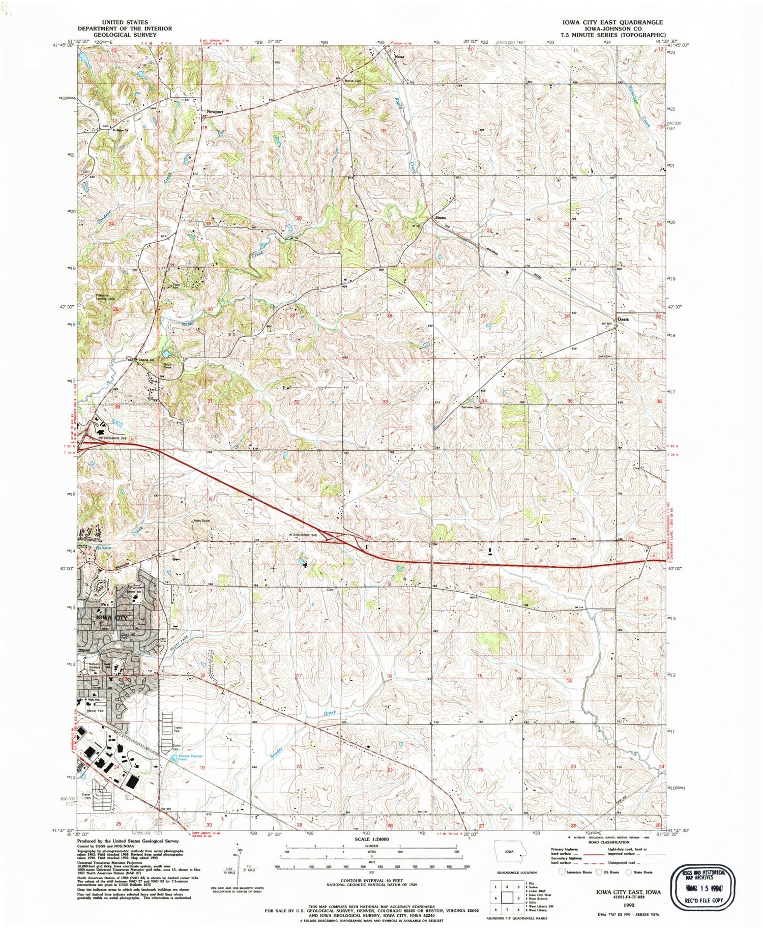 Classic USGS Iowa City East Iowa 7.5'x7.5' Topo Map Image