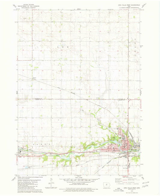 Classic USGS Iowa Falls West Iowa 7.5'x7.5' Topo Map Image