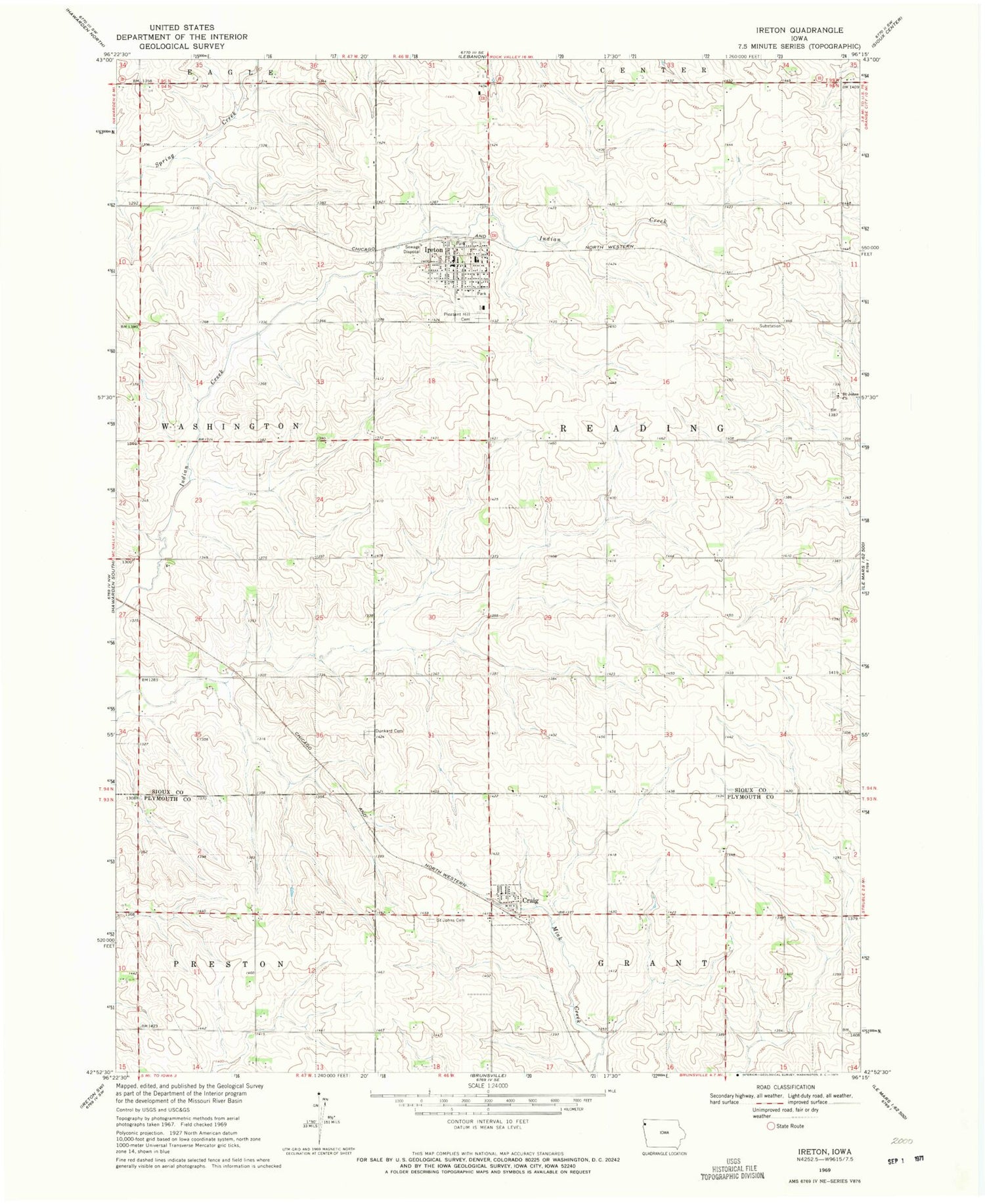 Classic USGS Ireton Iowa 7.5'x7.5' Topo Map Image