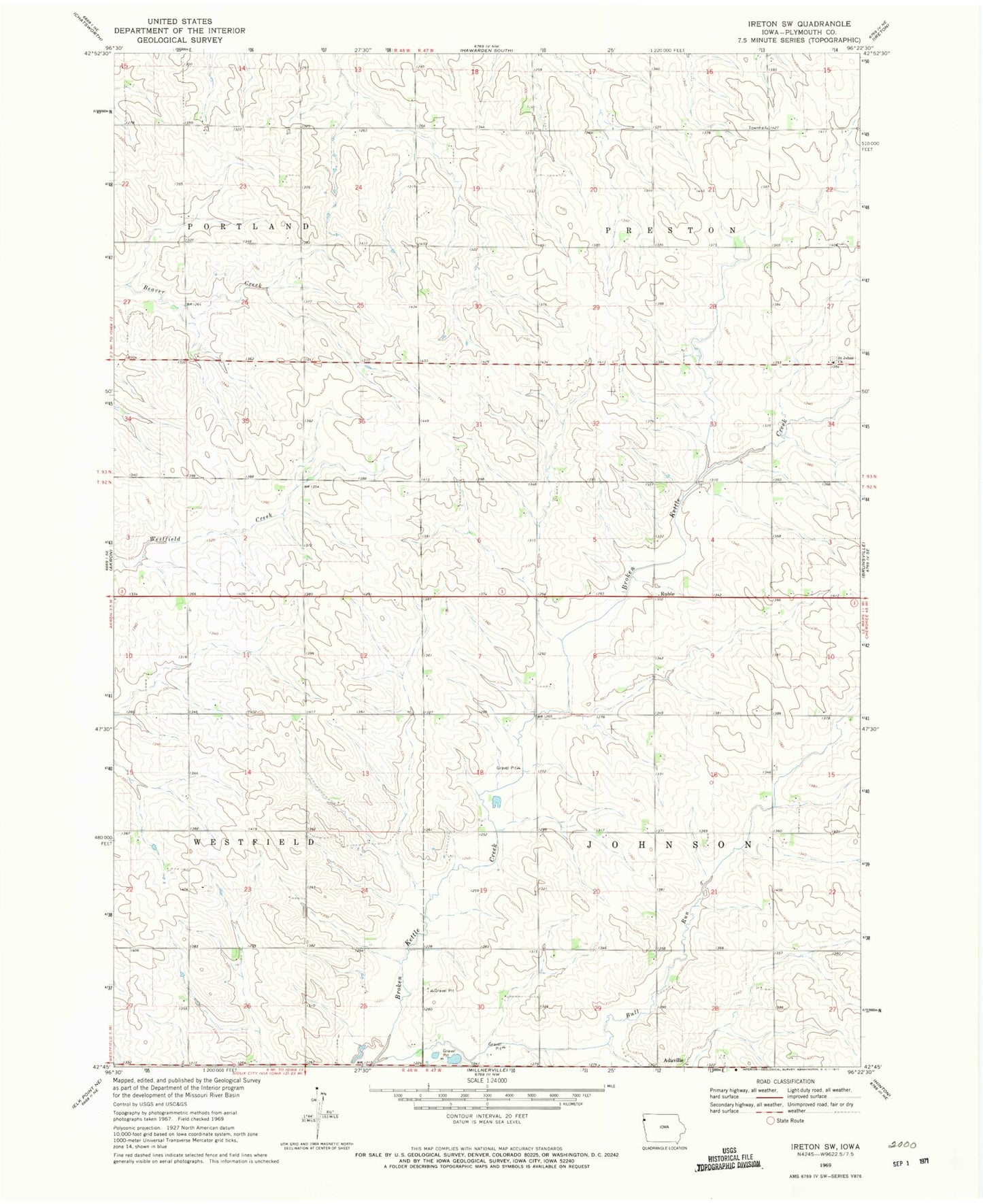 Classic USGS Ireton SW Iowa 7.5'x7.5' Topo Map Image