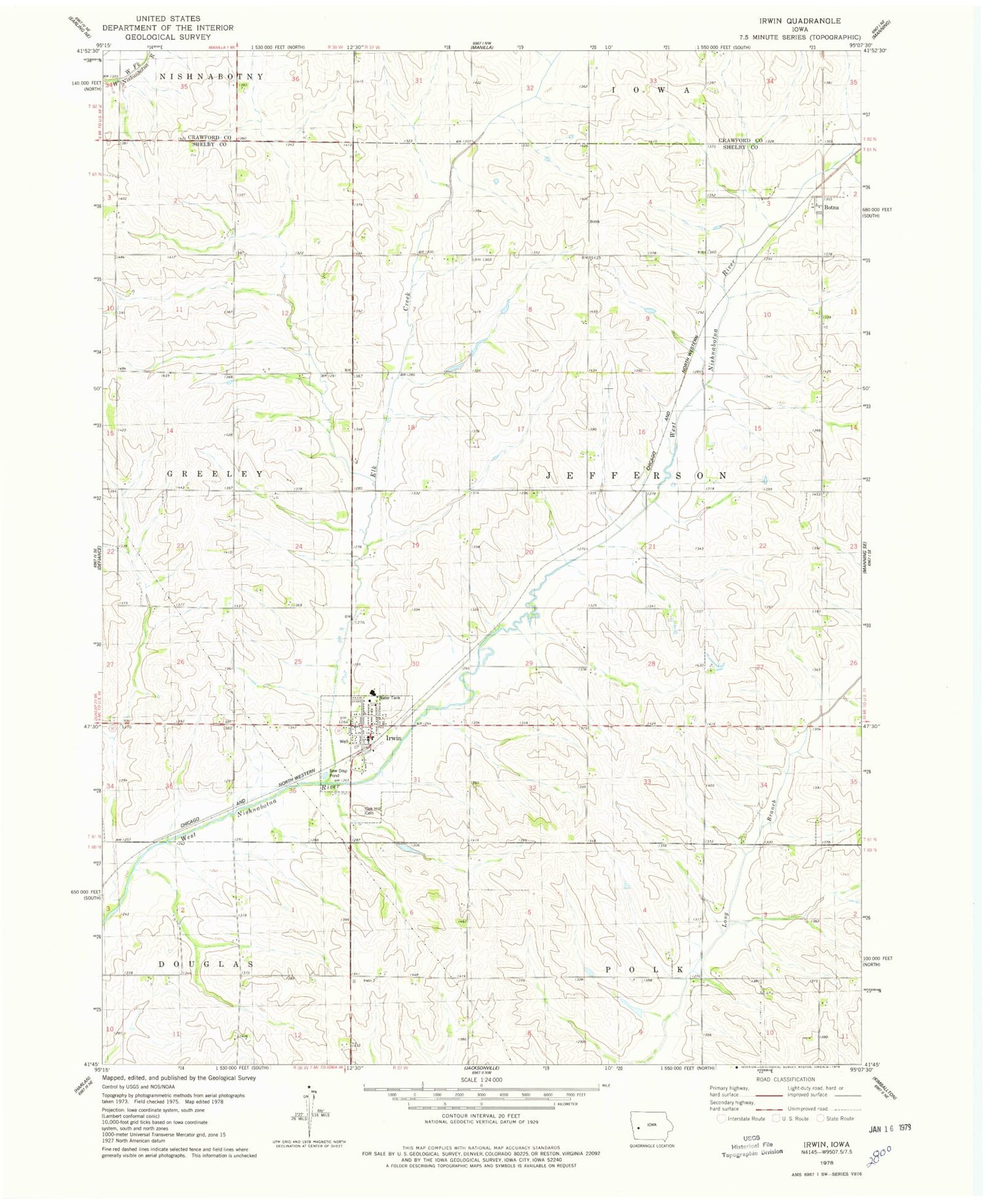 Classic USGS Irwin Iowa 7.5'x7.5' Topo Map Image