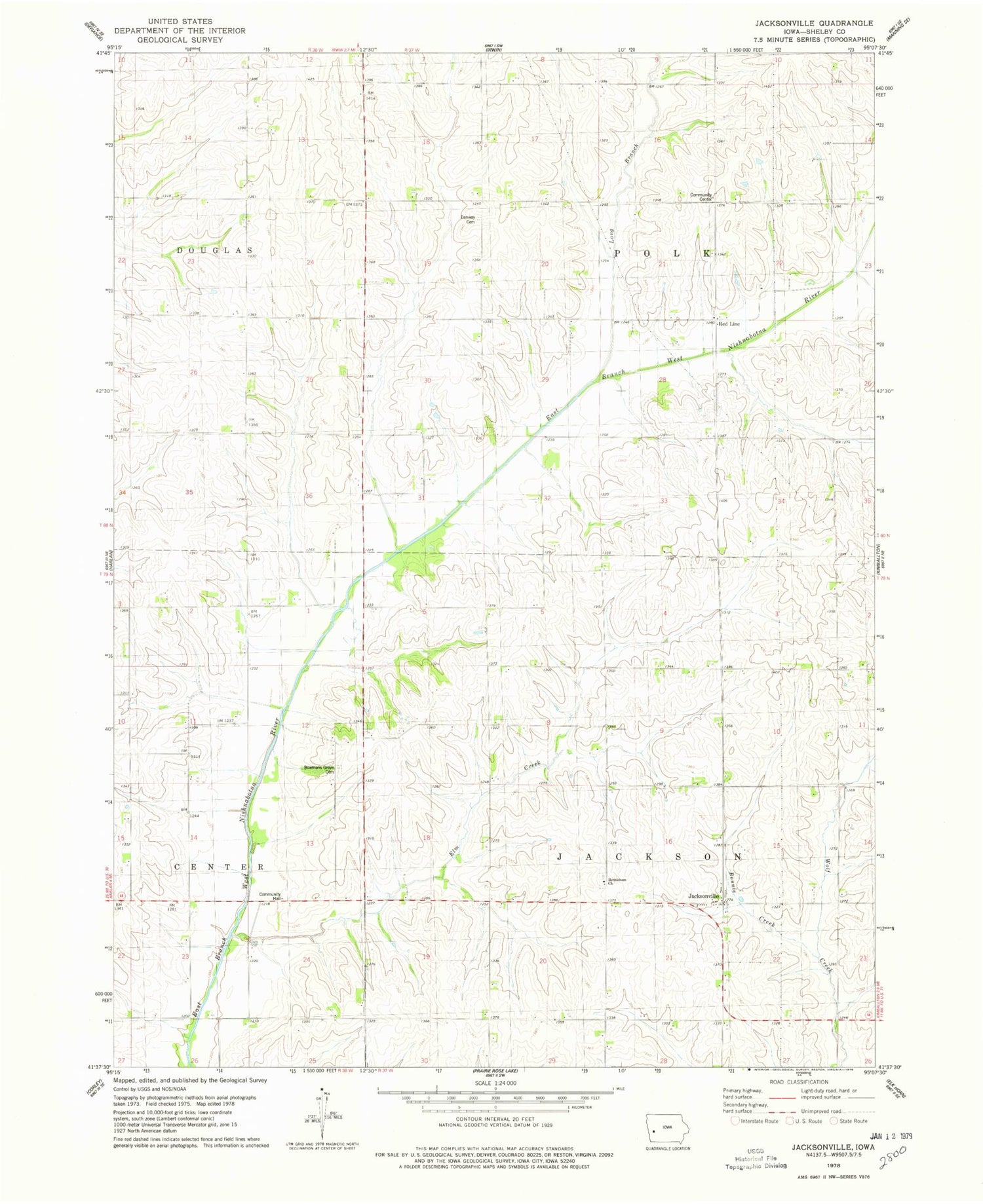 Classic USGS Jacksonville Iowa 7.5'x7.5' Topo Map Image