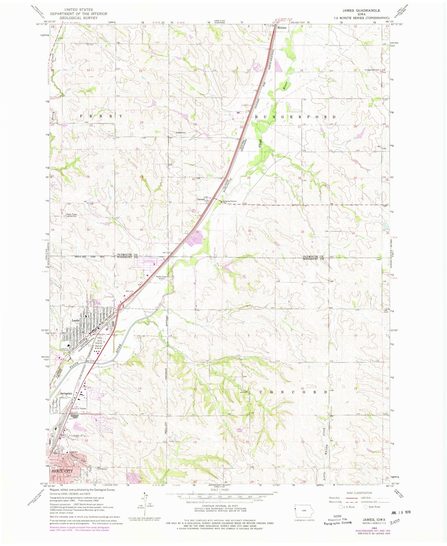 Classic USGS James Iowa 7.5'x7.5' Topo Map Image