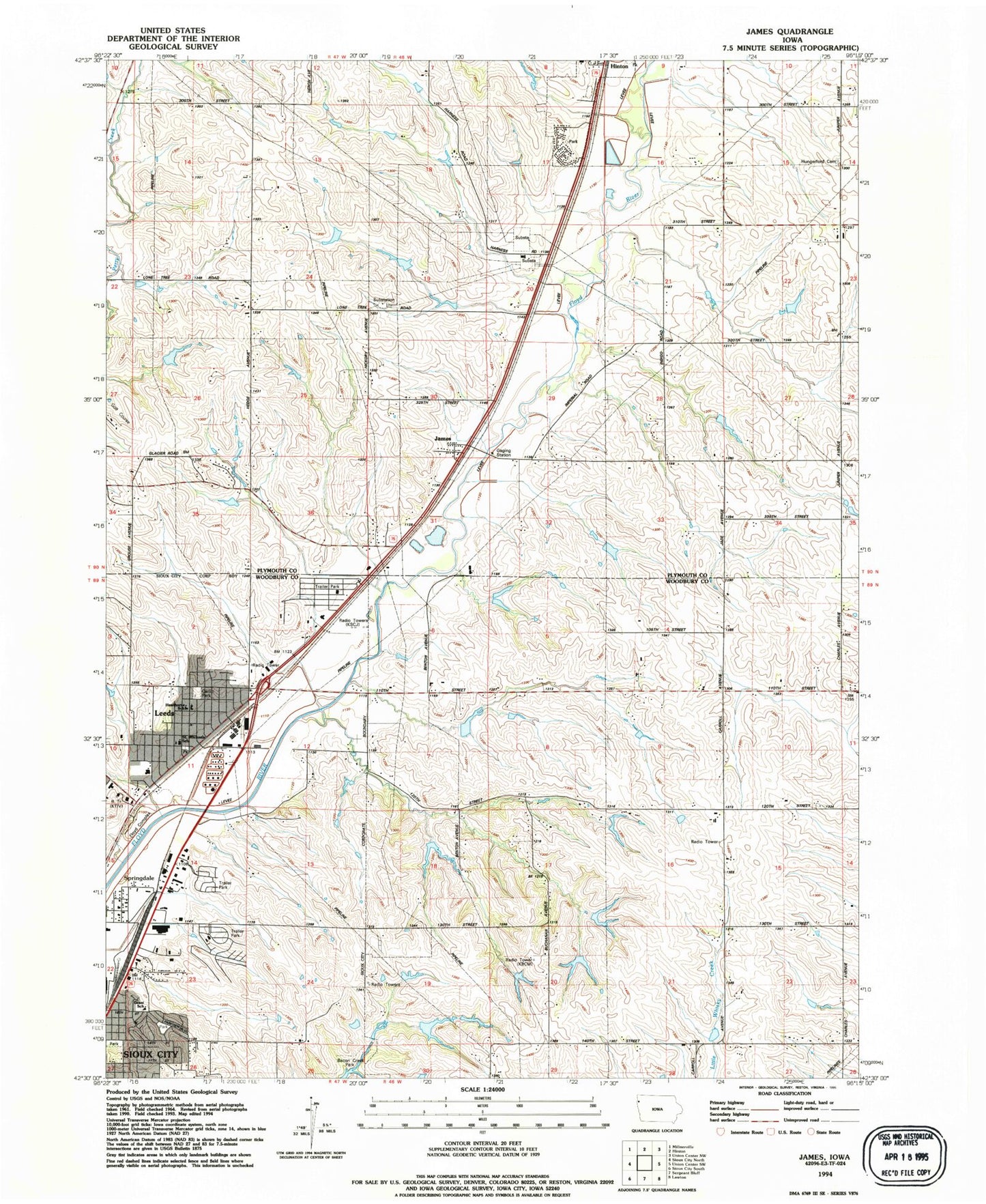 Classic USGS James Iowa 7.5'x7.5' Topo Map Image