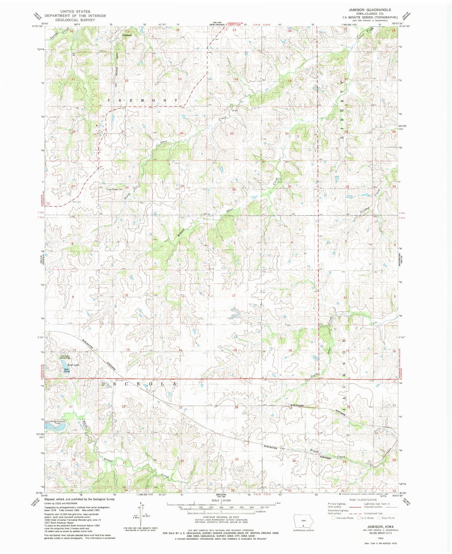 Classic USGS Jamison Iowa 7.5'x7.5' Topo Map Image