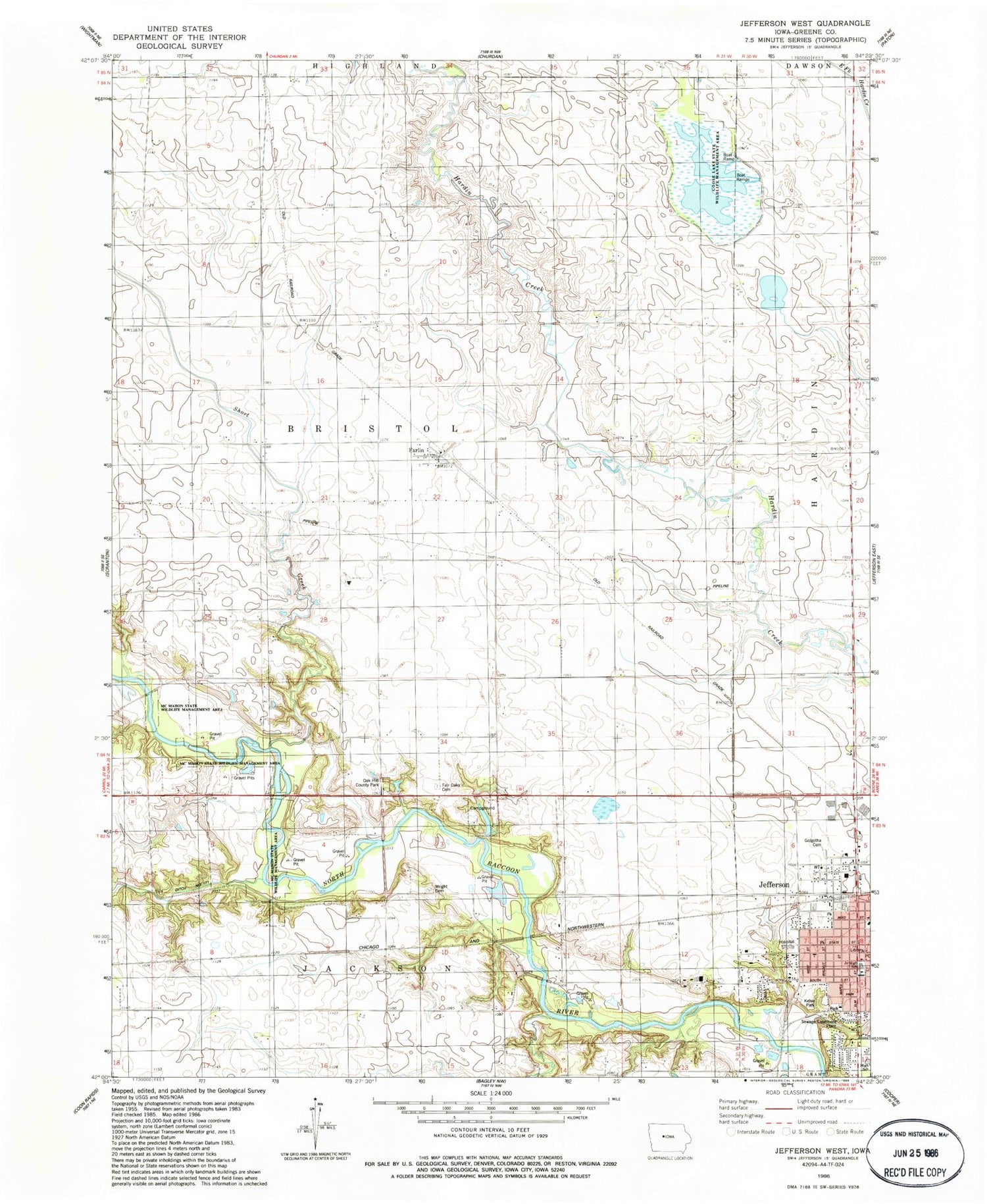 Classic USGS Jefferson West Iowa 7.5'x7.5' Topo Map Image