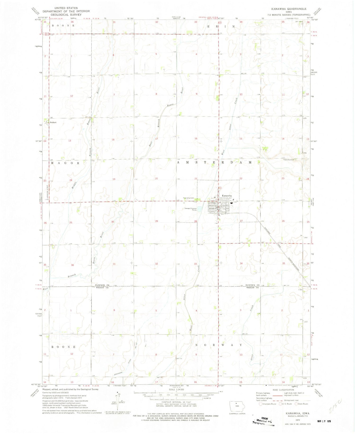 Classic USGS Kanawha Iowa 7.5'x7.5' Topo Map Image