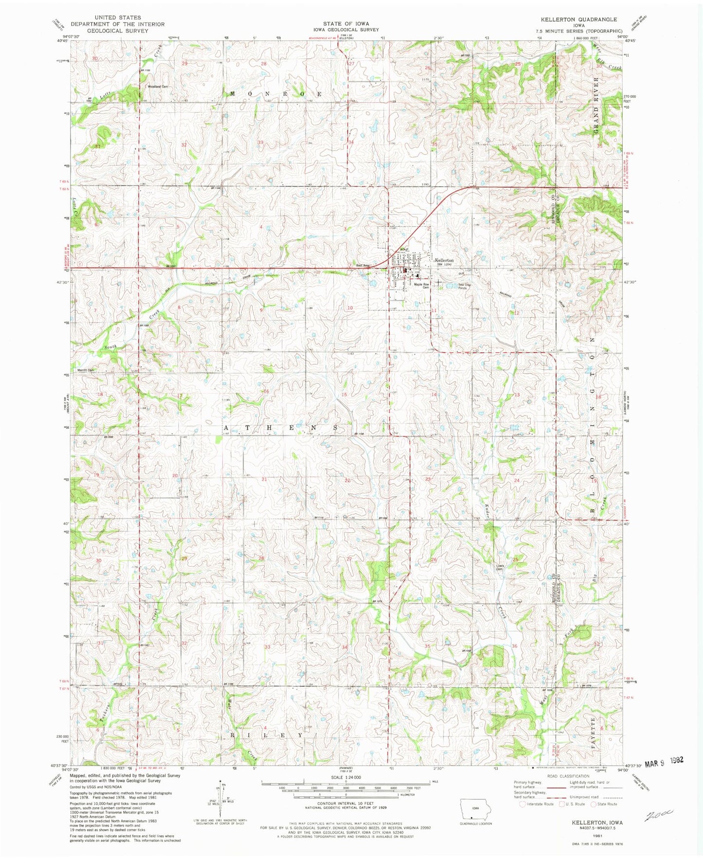 Classic USGS Kellerton Iowa 7.5'x7.5' Topo Map Image