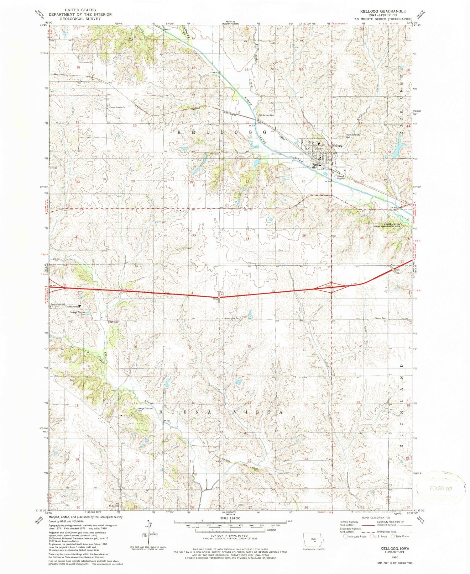 Classic USGS Kellogg Iowa 7.5'x7.5' Topo Map Image