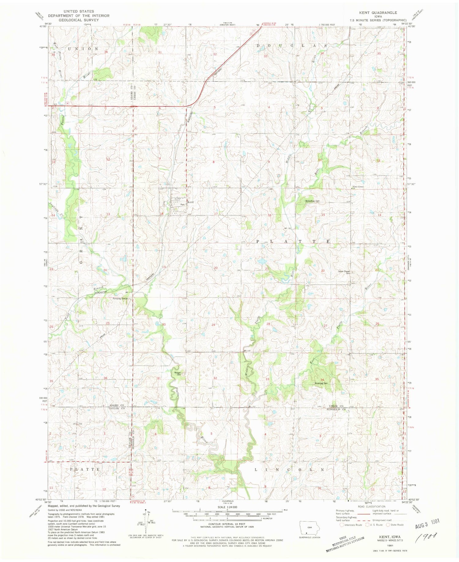 Classic USGS Kent Iowa 7.5'x7.5' Topo Map Image