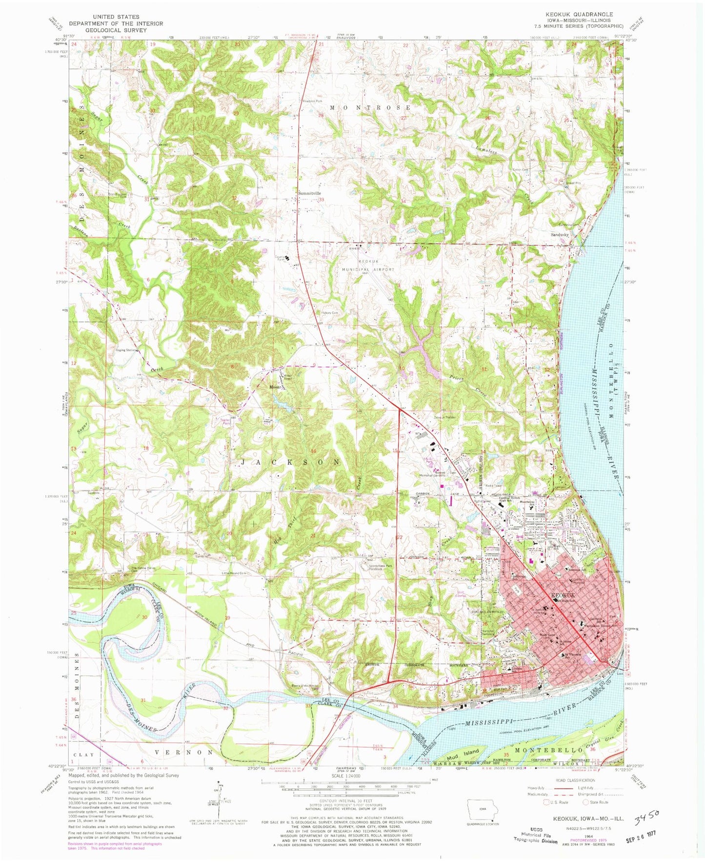 Classic USGS Keokuk Iowa 7.5'x7.5' Topo Map Image