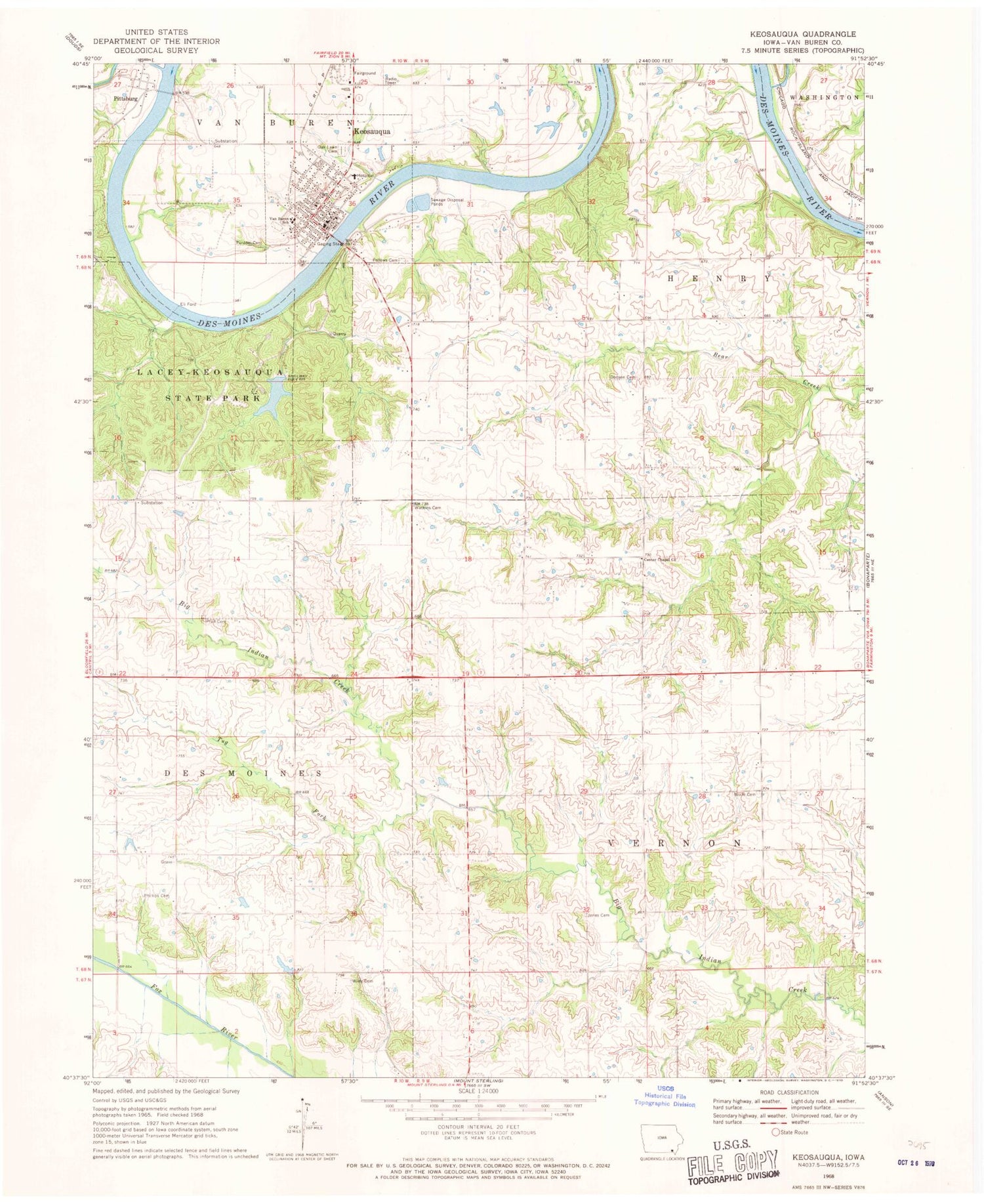 Classic USGS Keosauqua Iowa 7.5'x7.5' Topo Map Image