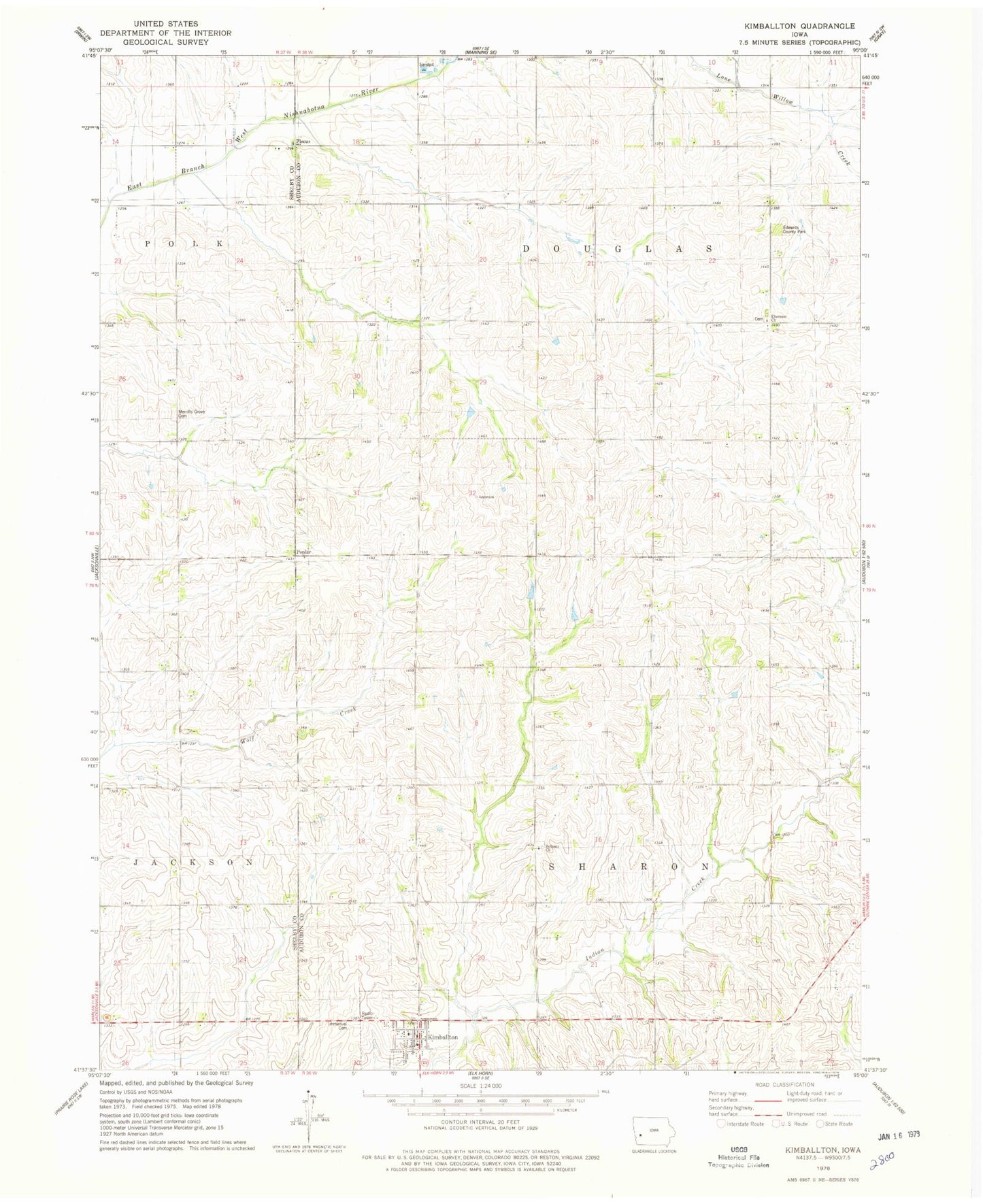 Classic USGS Kimballton Iowa 7.5'x7.5' Topo Map Image