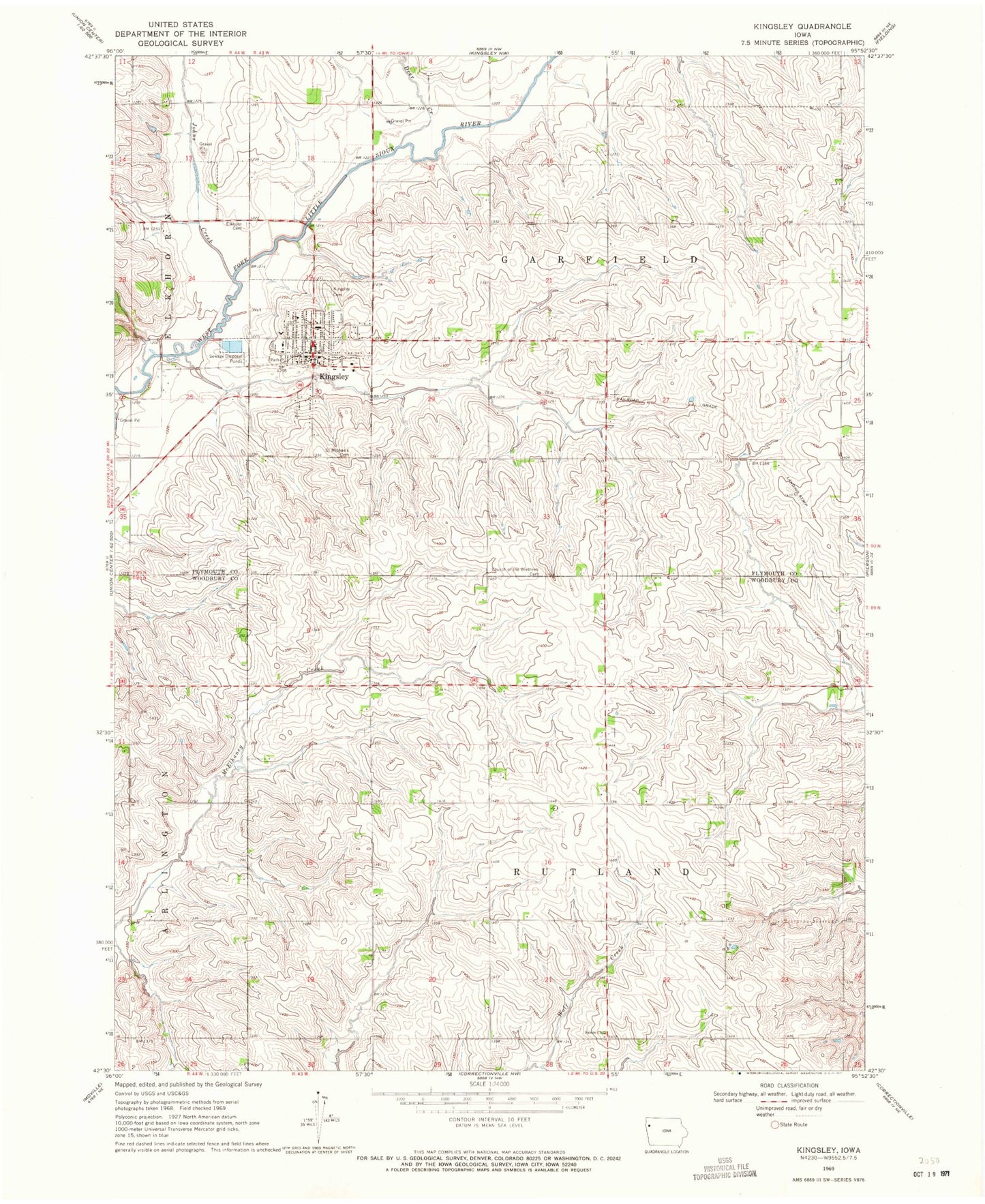 Classic USGS Kingsley Iowa 7.5'x7.5' Topo Map Image