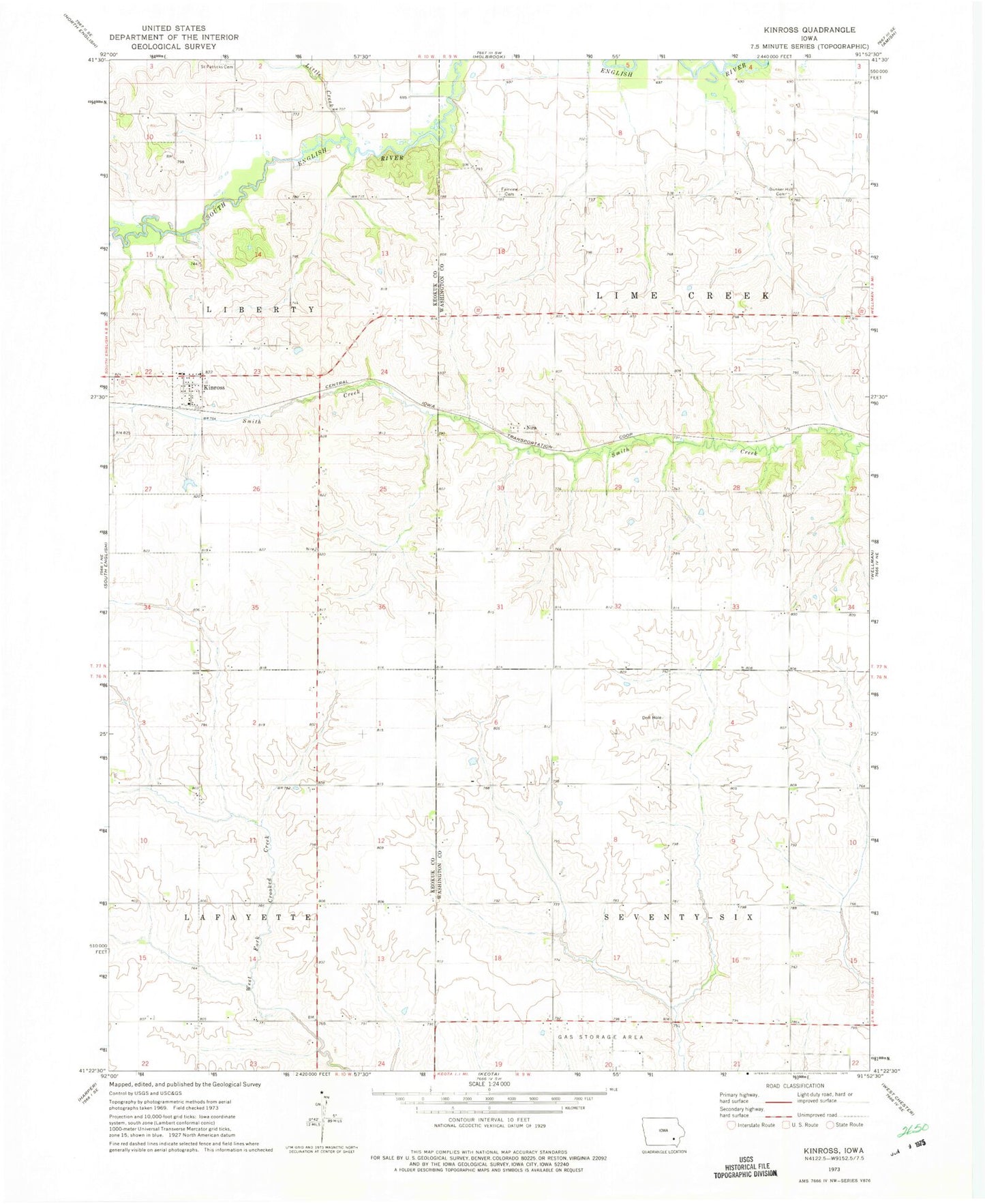 Classic USGS Kinross Iowa 7.5'x7.5' Topo Map Image