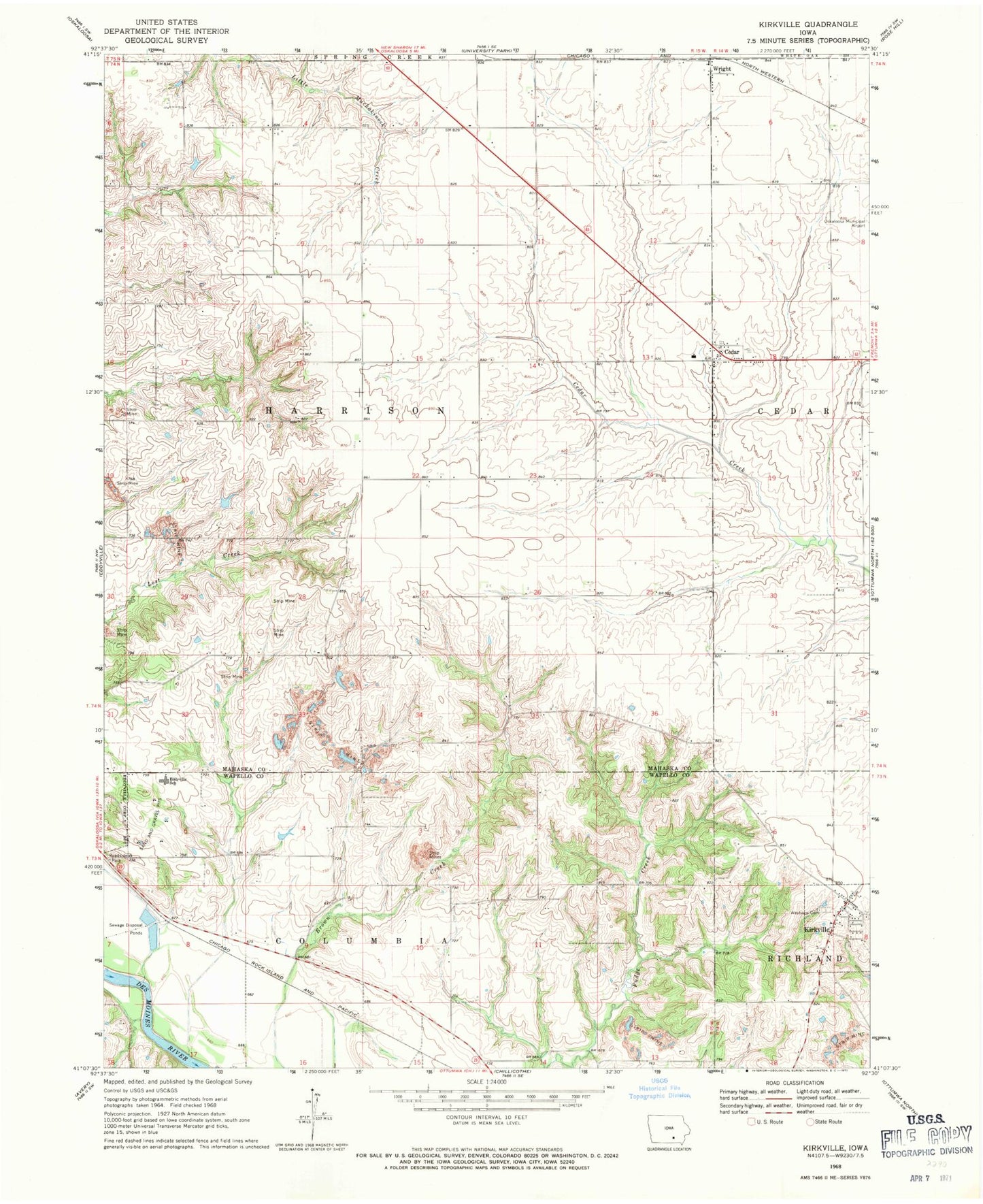 Classic USGS Kirkville Iowa 7.5'x7.5' Topo Map Image