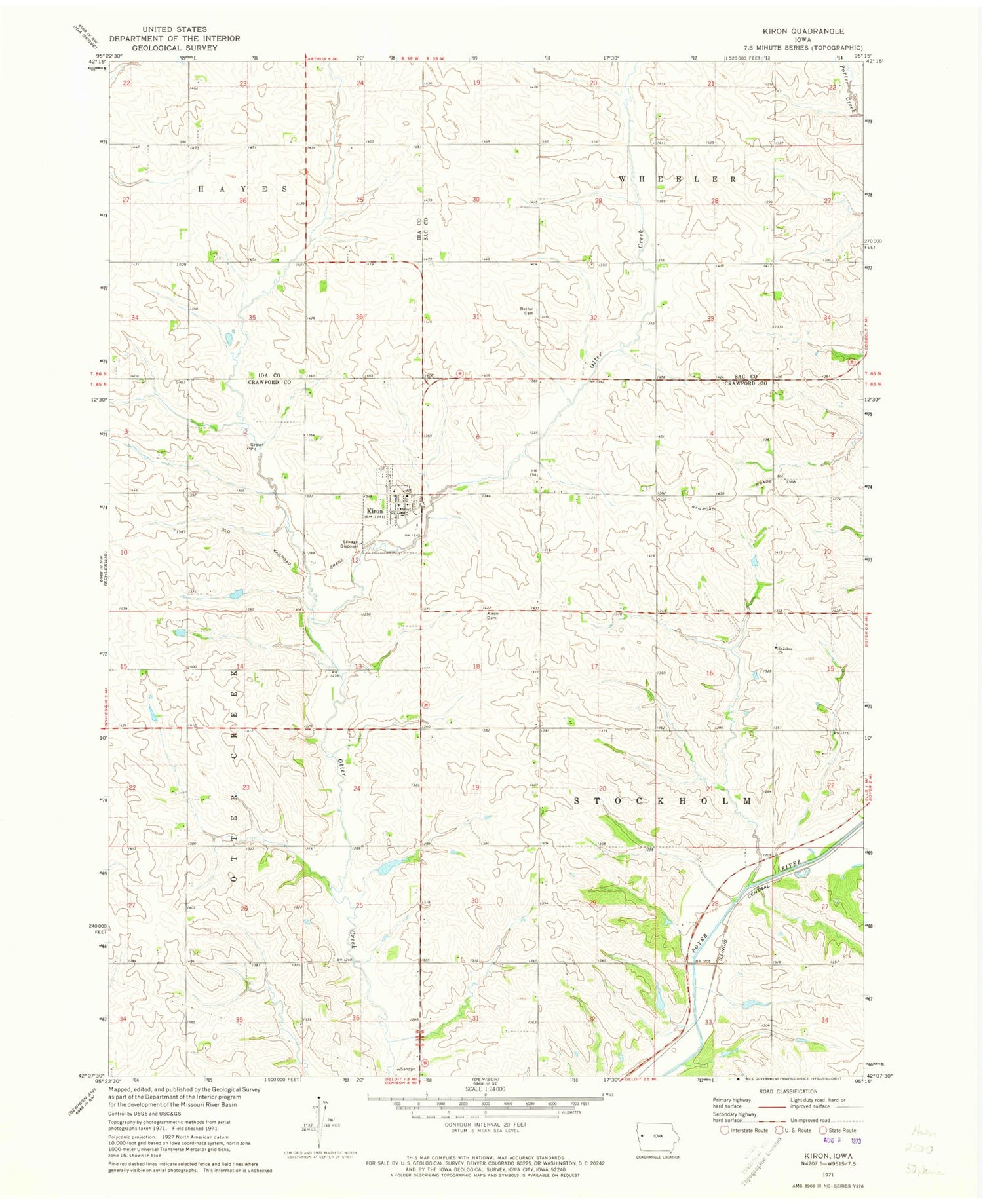 Classic USGS Kiron Iowa 7.5'x7.5' Topo Map Image