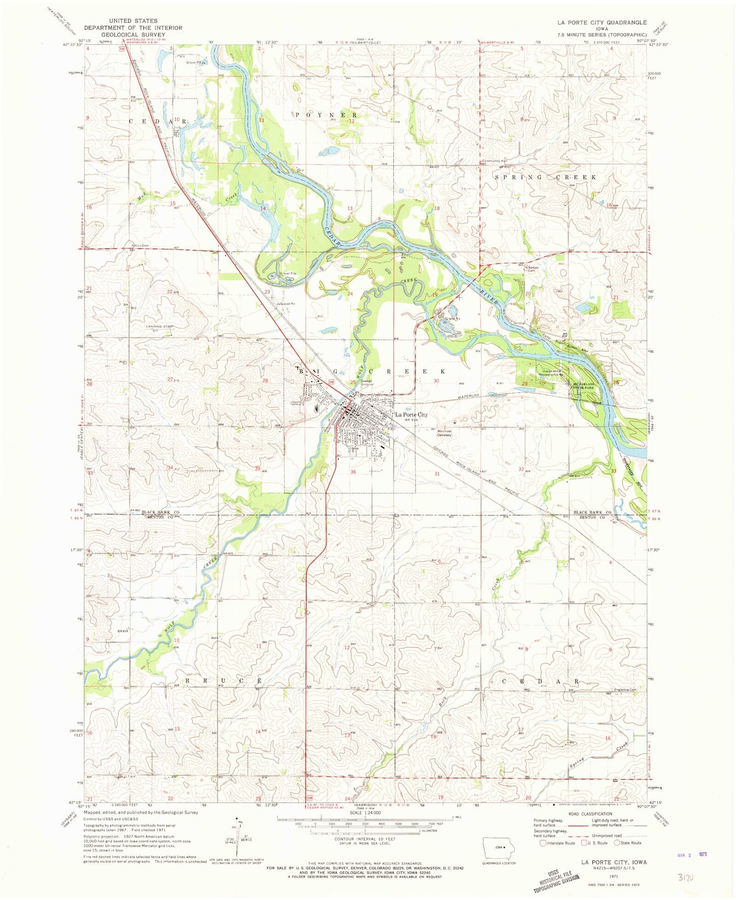 Classic USGS La Porte City Iowa 7.5'x7.5' Topo Map Image