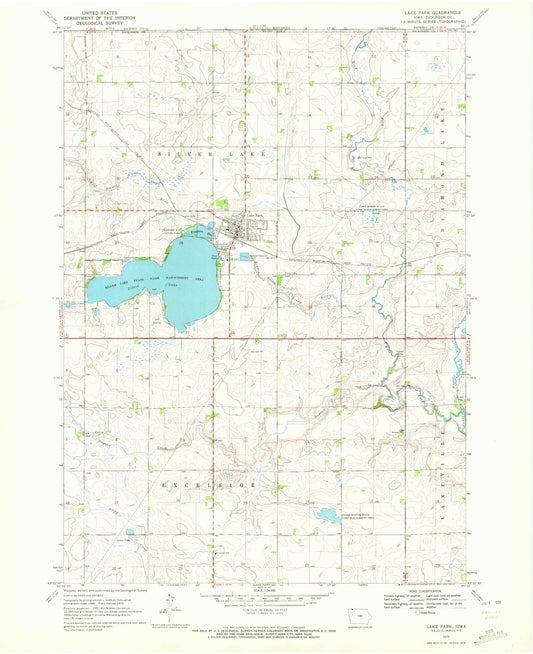 Classic USGS Lake Park Iowa 7.5'x7.5' Topo Map Image