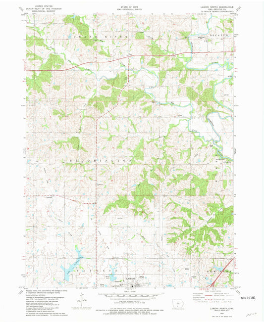 Classic USGS Lamoni North Iowa 7.5'x7.5' Topo Map Image