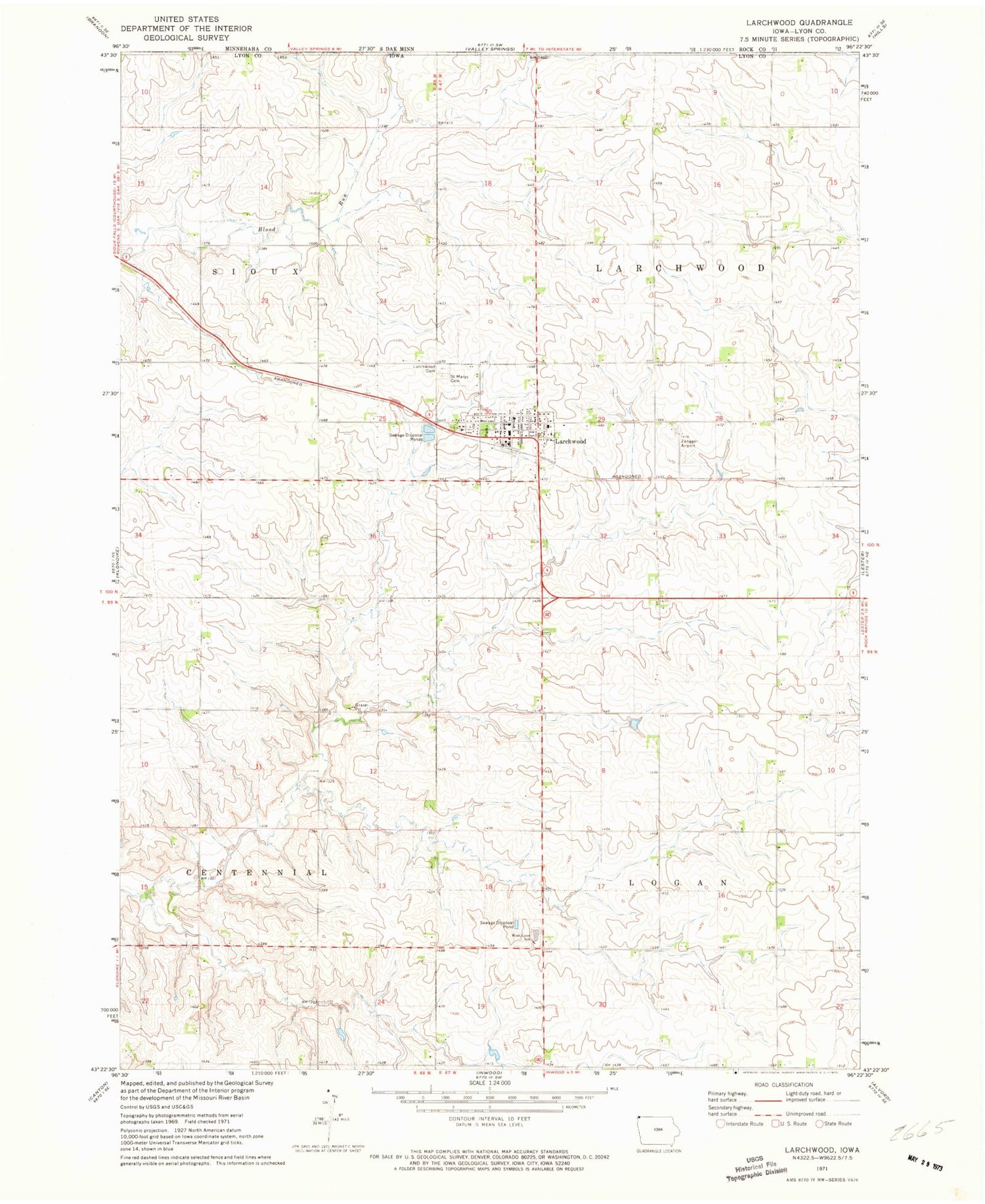 Classic USGS Larchwood Iowa 7.5'x7.5' Topo Map Image