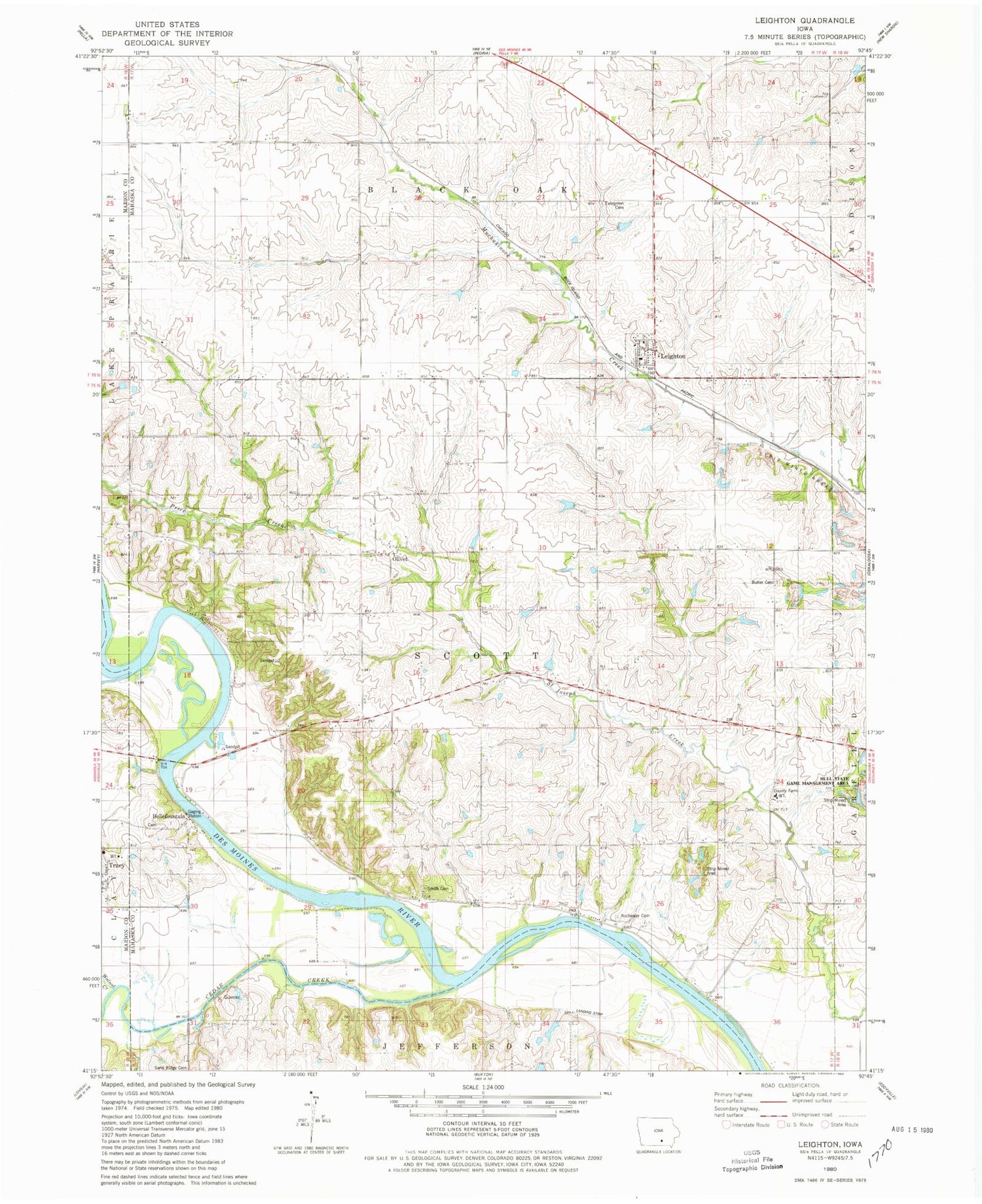 Classic USGS Leighton Iowa 7.5'x7.5' Topo Map Image