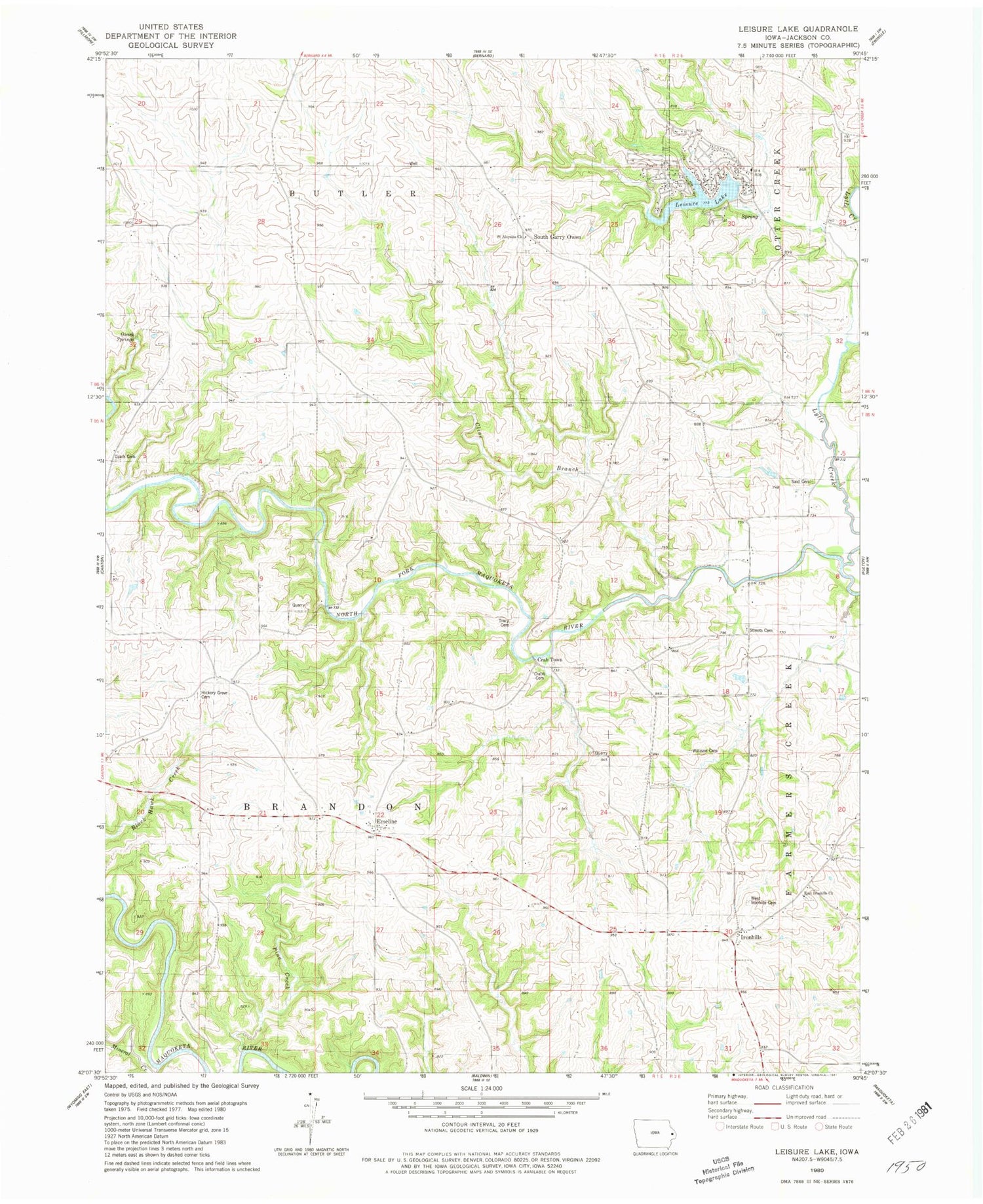Classic USGS Leisure Lake Iowa 7.5'x7.5' Topo Map Image