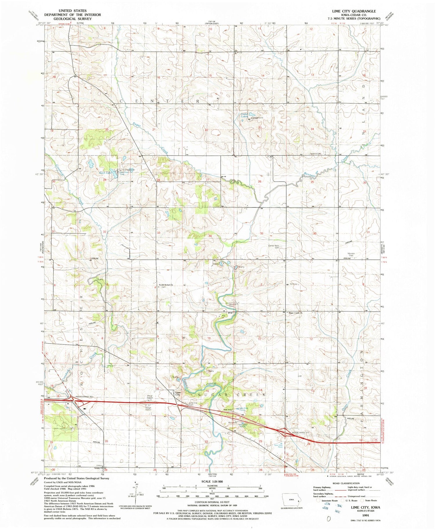 Classic USGS Lime City Iowa 7.5'x7.5' Topo Map Image