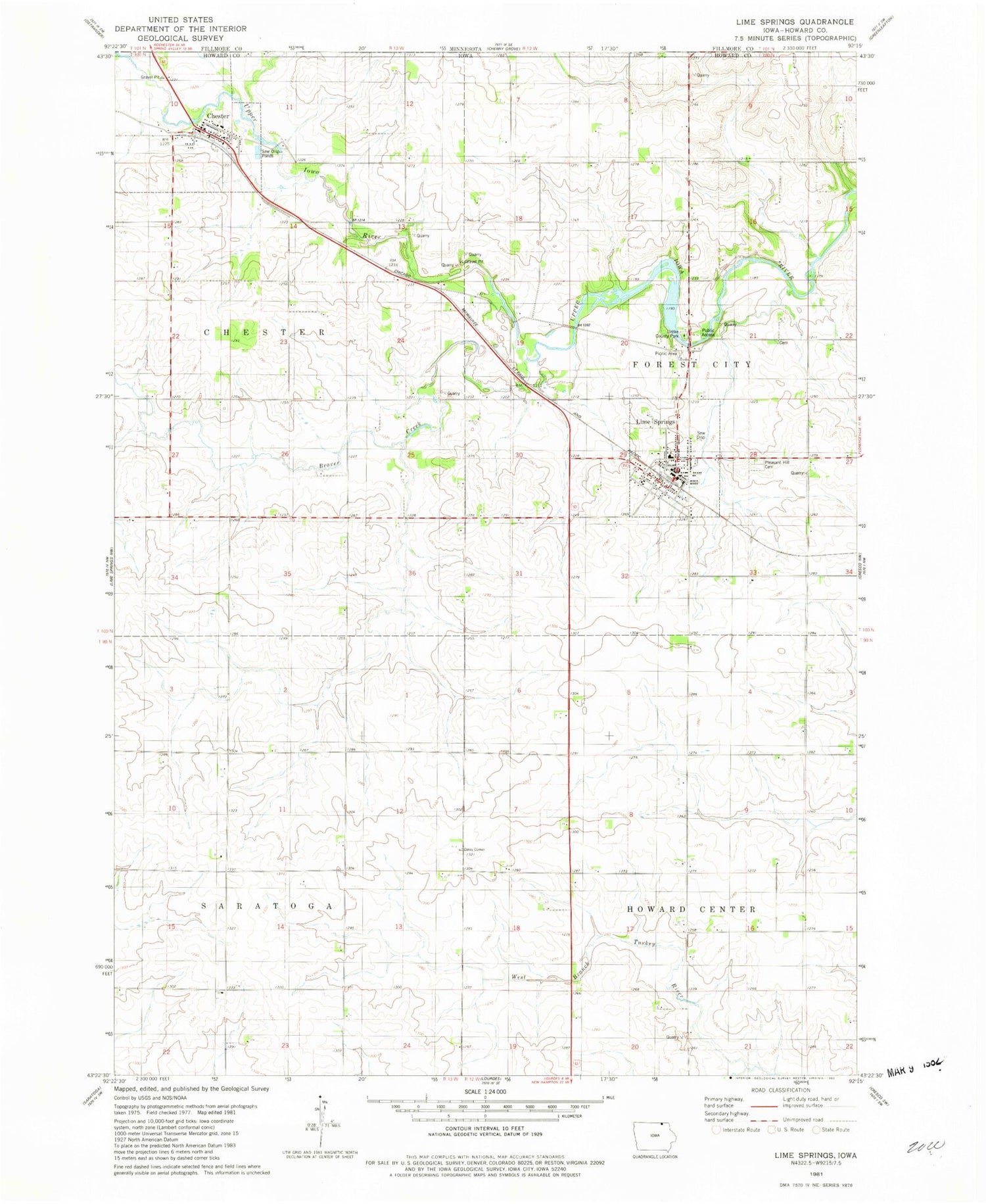 Classic USGS Lime Springs Iowa 7.5'x7.5' Topo Map Image