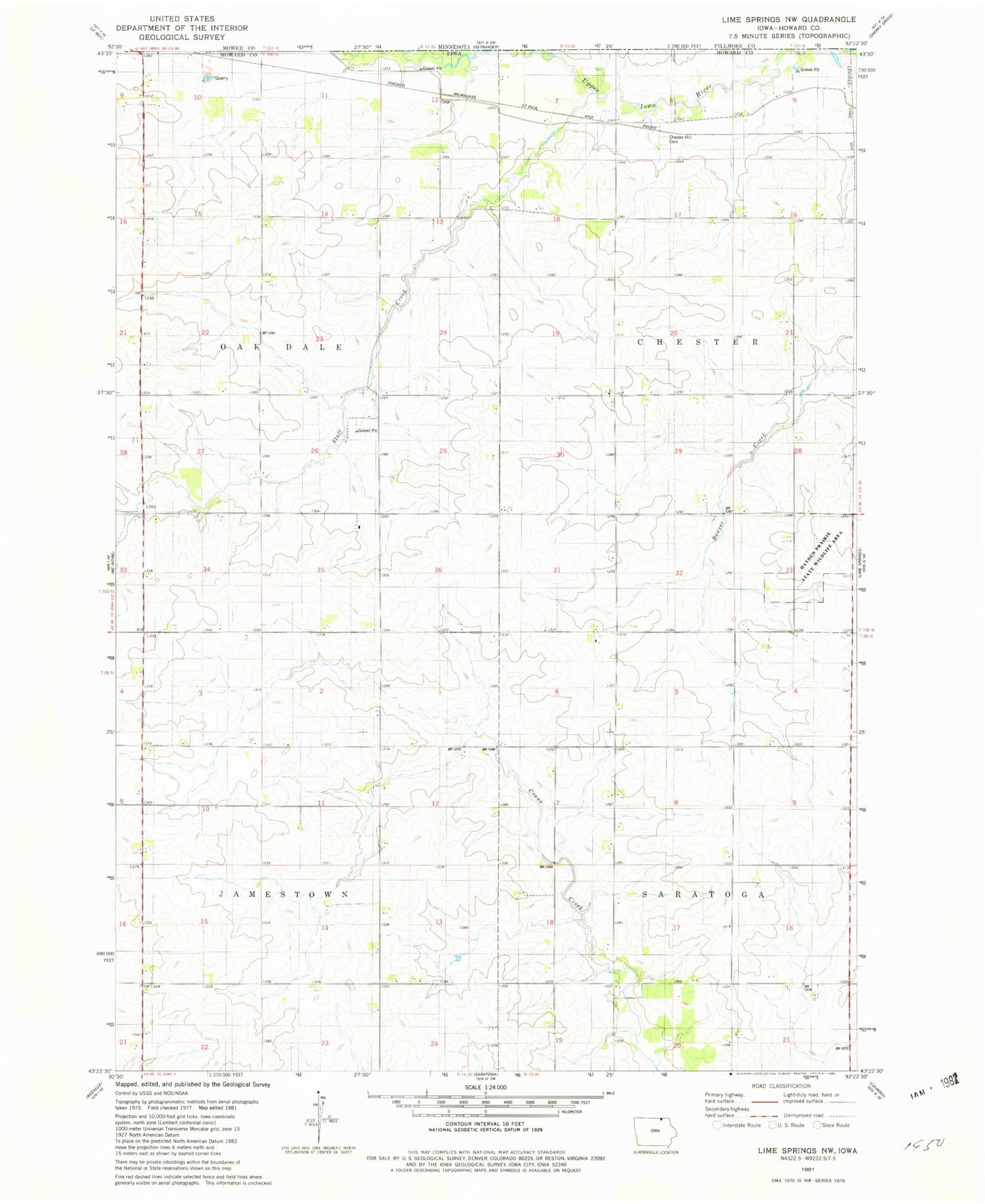 Classic USGS Lime Springs NW Iowa 7.5'x7.5' Topo Map Image