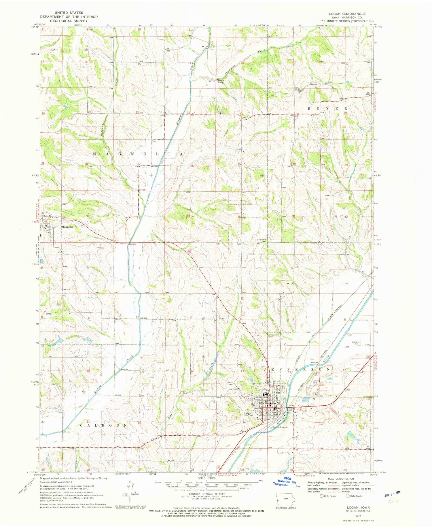 Classic USGS Logan Iowa 7.5'x7.5' Topo Map Image