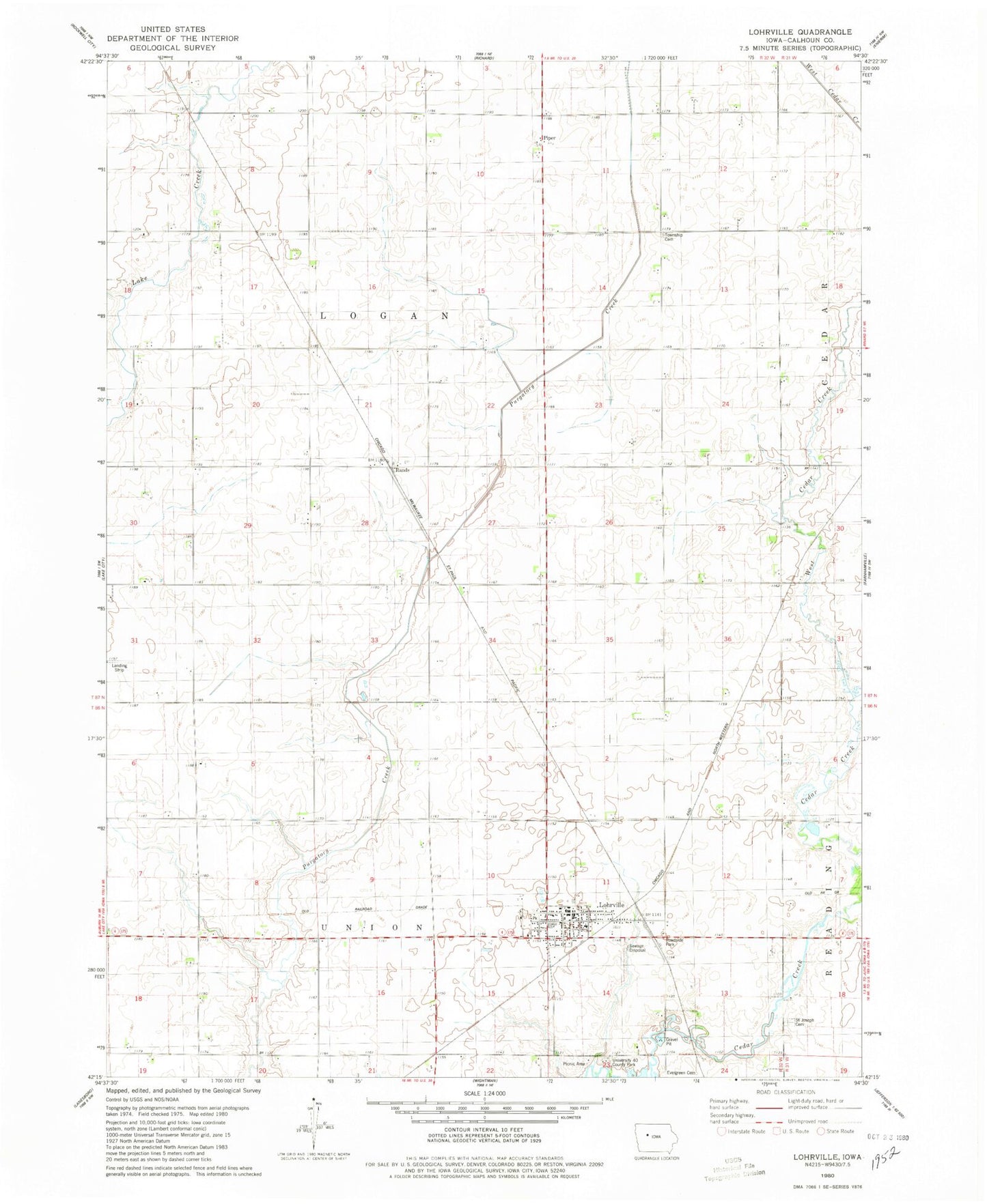 Classic USGS Lohrville Iowa 7.5'x7.5' Topo Map Image