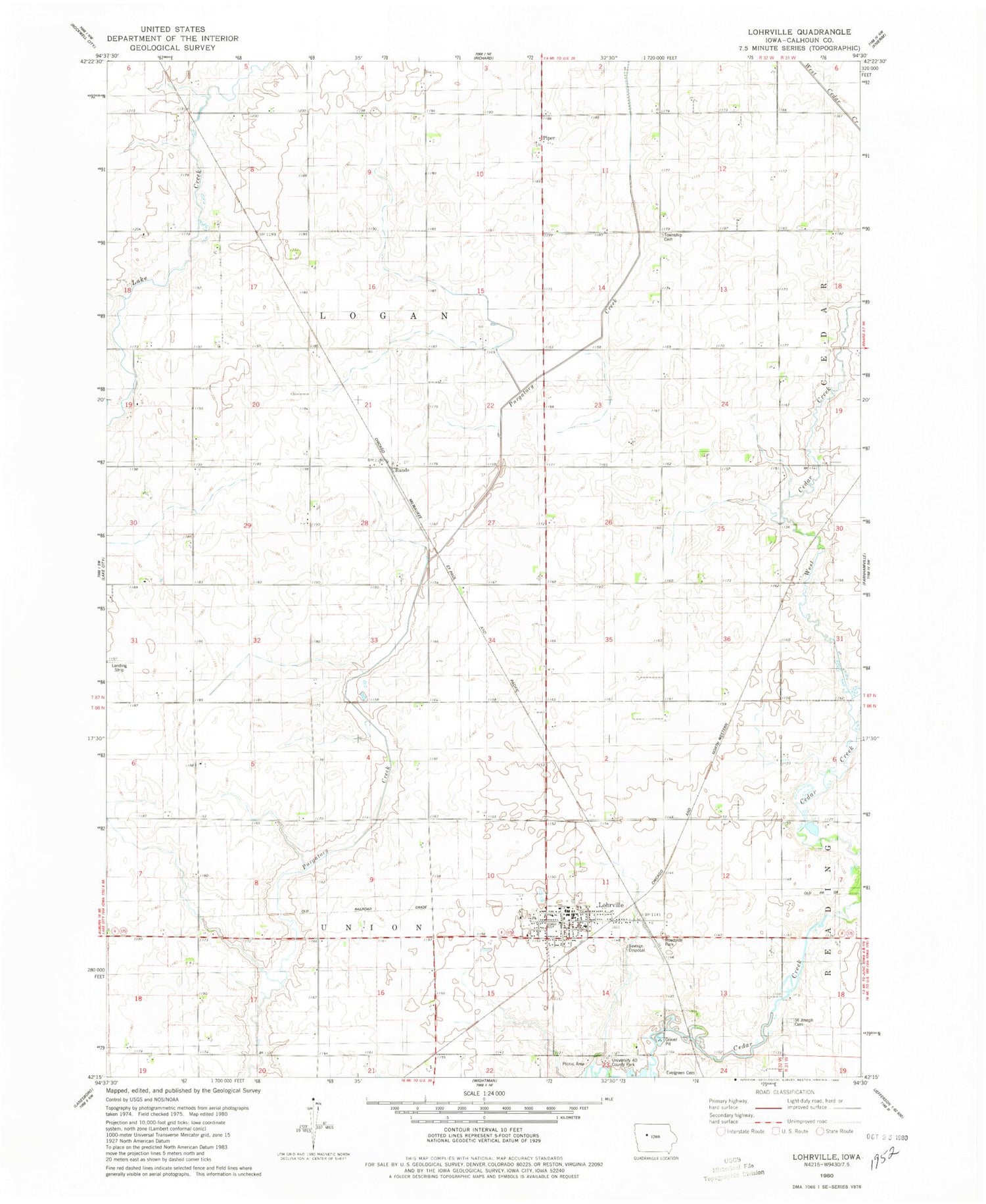 Classic USGS Lohrville Iowa 7.5'x7.5' Topo Map Image
