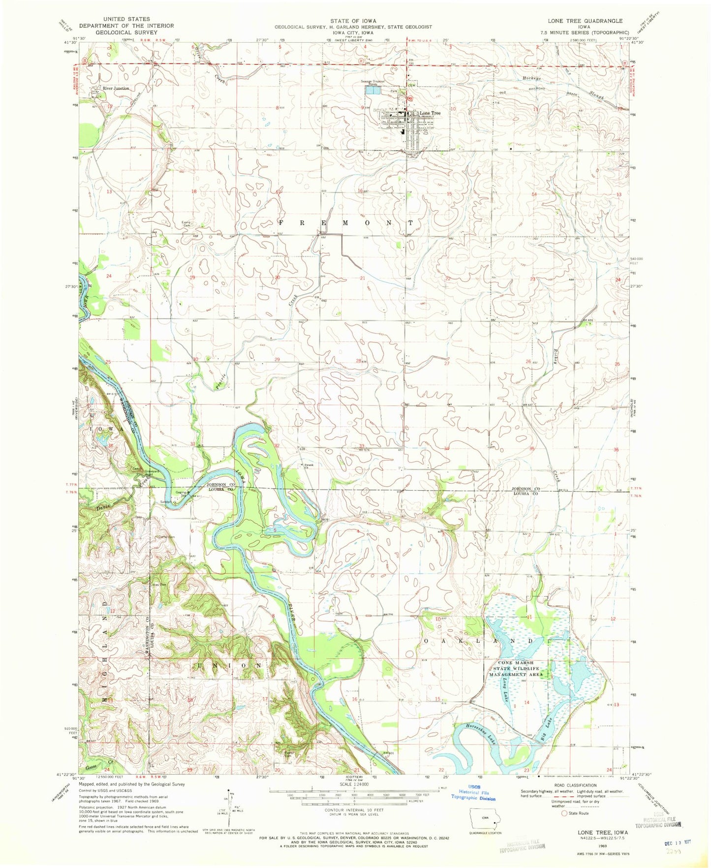 Classic USGS Lone Tree Iowa 7.5'x7.5' Topo Map Image