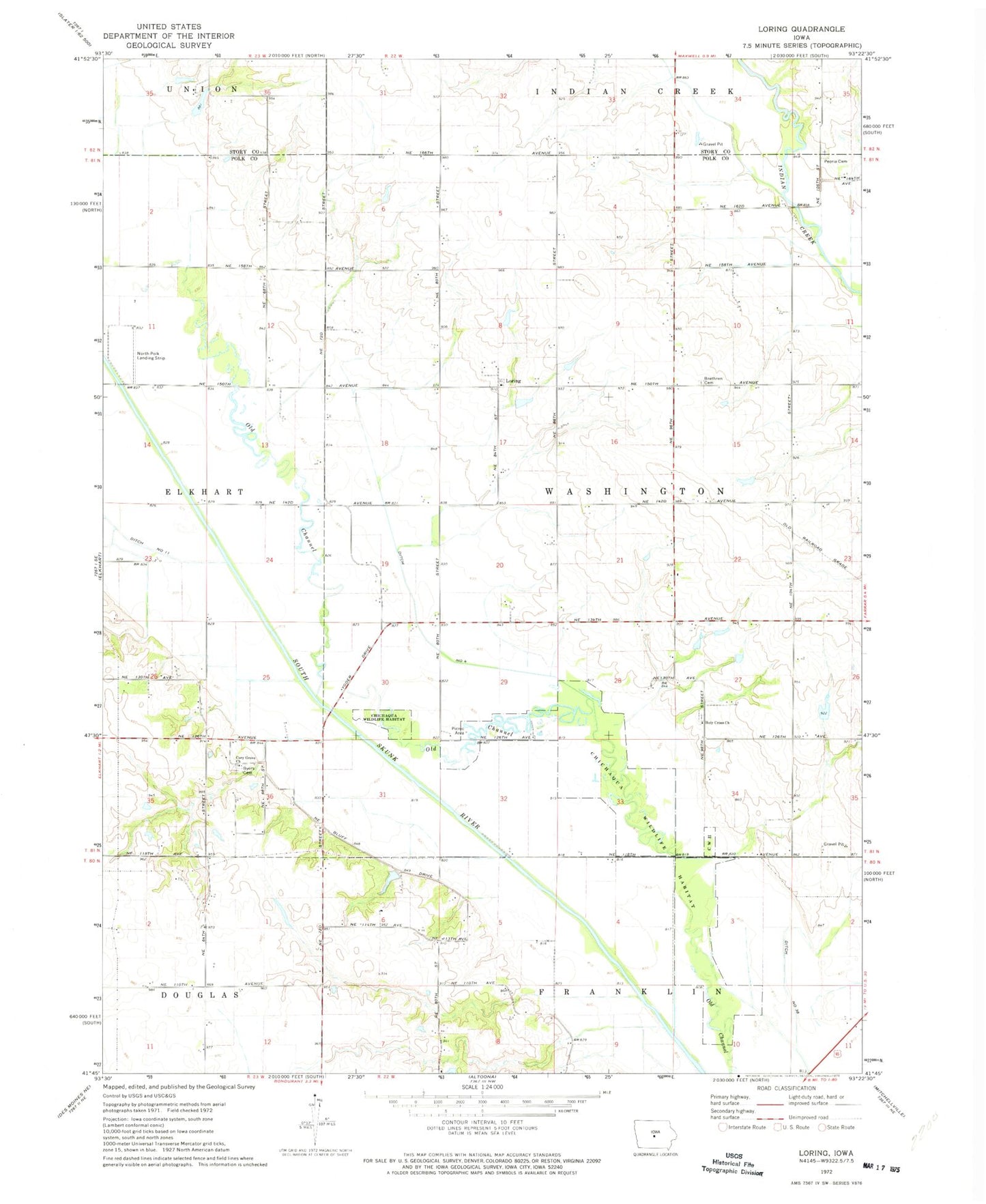 Classic USGS Loring Iowa 7.5'x7.5' Topo Map Image