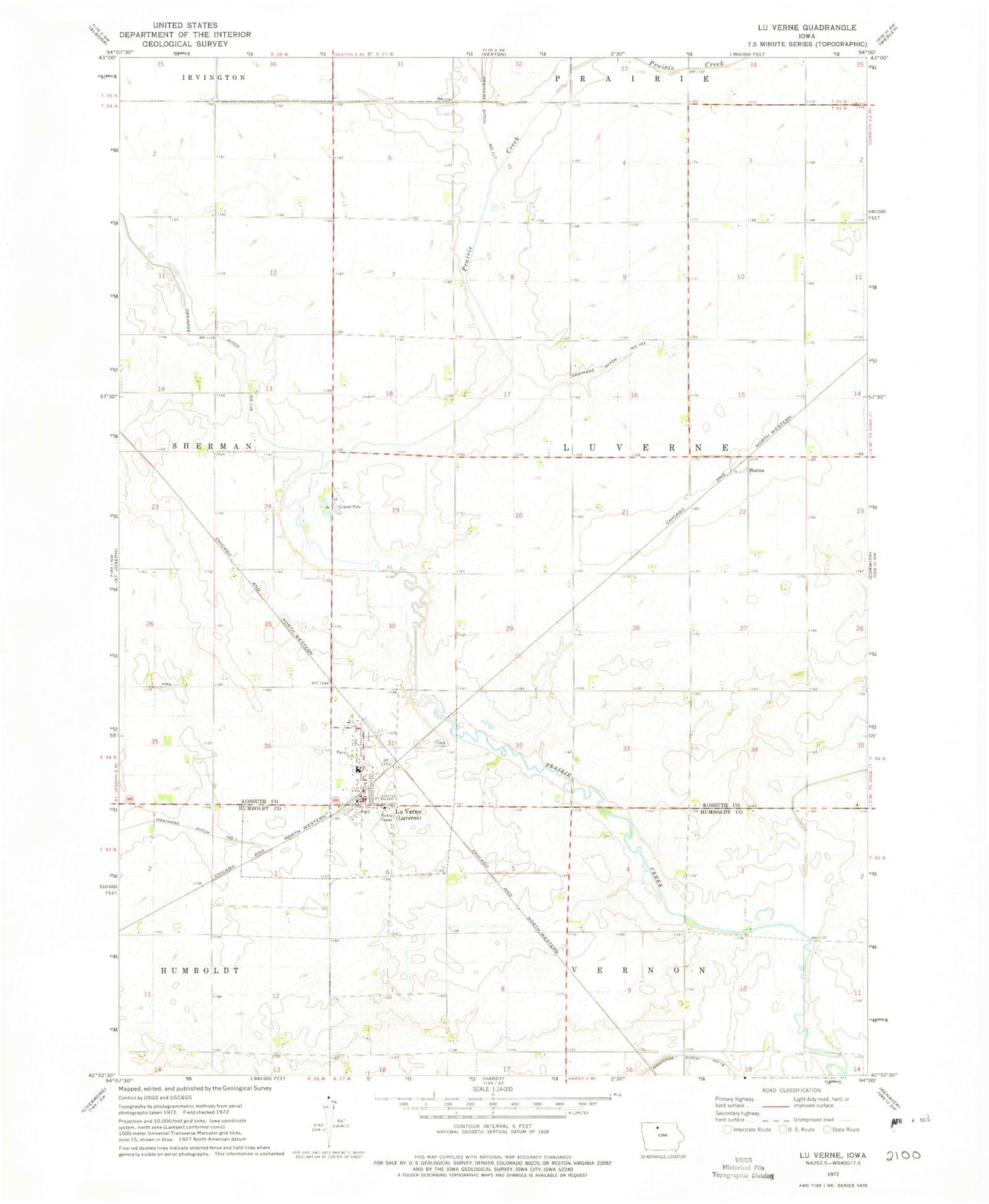 Classic USGS Lu Verne Iowa 7.5'x7.5' Topo Map Image